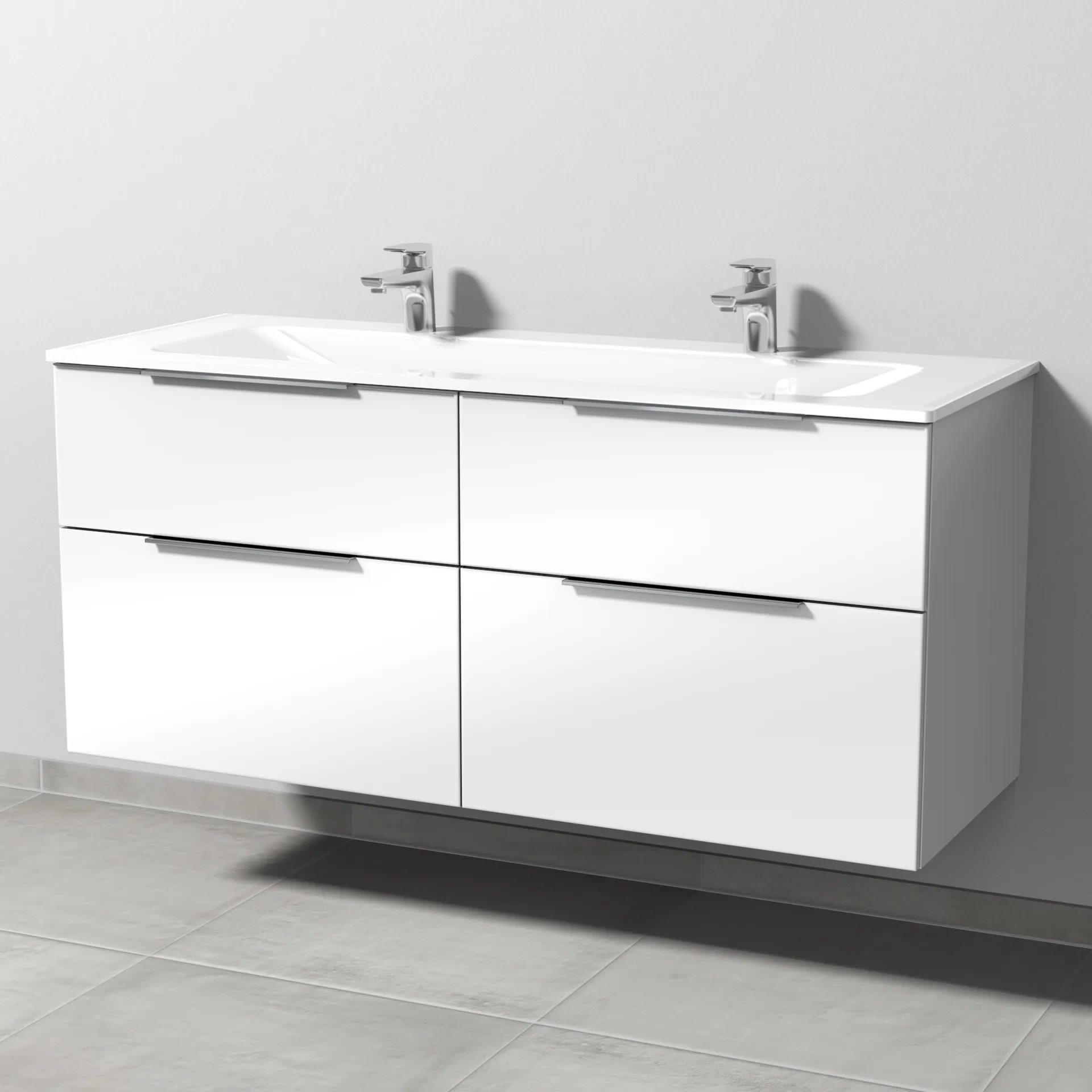 Glas-Waschtisch-Set mit Waschtischunterschrank „3way“ 130 × 48,7 × 58,2 cm in Weiß (glanz), mit Hahnlochbohrung