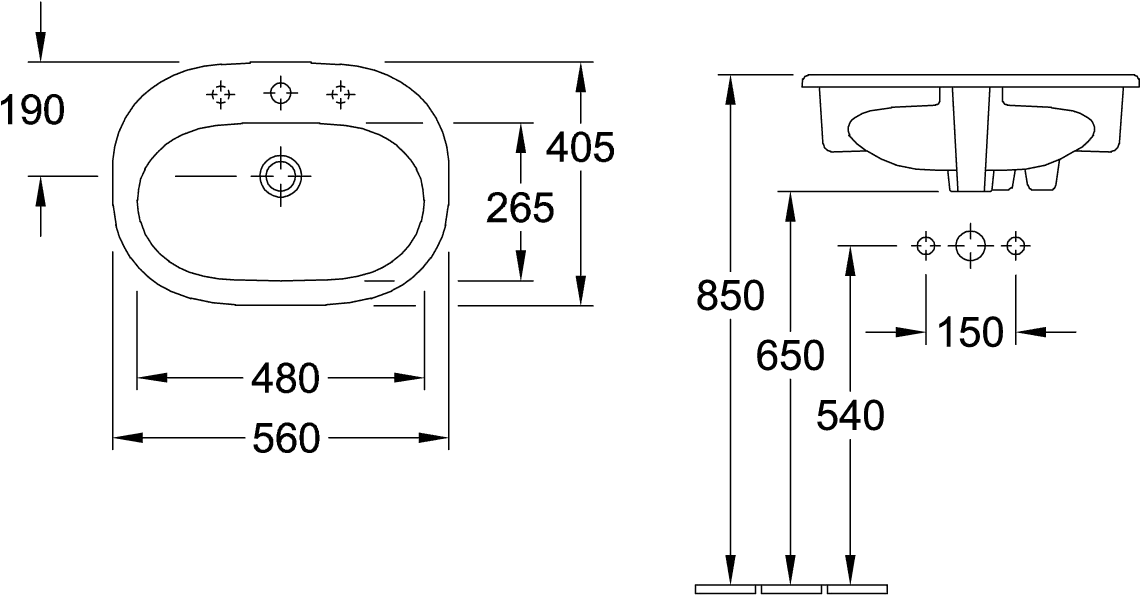 Einbauwaschbecken O.novo 416156, 560 x 405 mm, Oval, 1HL. mittleres Hahnloch durchgestochen, mit Überlauf, ungeschliffen, Weiß Alpin