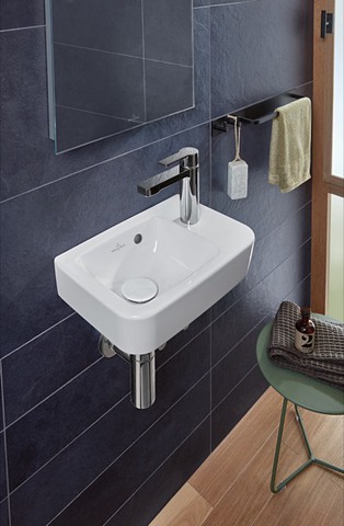Handwaschbecken Compact O.novo 434336, 360 x 250 mm, Eckig, Becken links, 1HL. Hahnloch rechts durchgestochen, mit Überlauf, Weiß Alpin