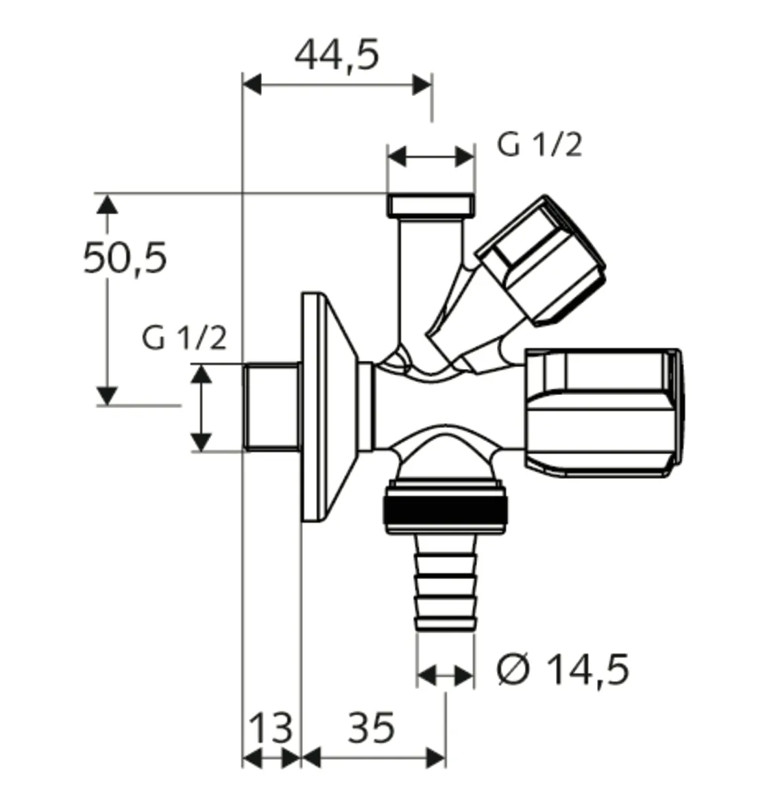 Kombi-Eckventil COMFORT, RFV im Abgang Geräteanschluss, DN 15 G 1/2 AG, Schlauchverschraubung Ø 14,5 mm (DN 20 G 3/4 AG), DN 15 G 1/2 AG, chrom