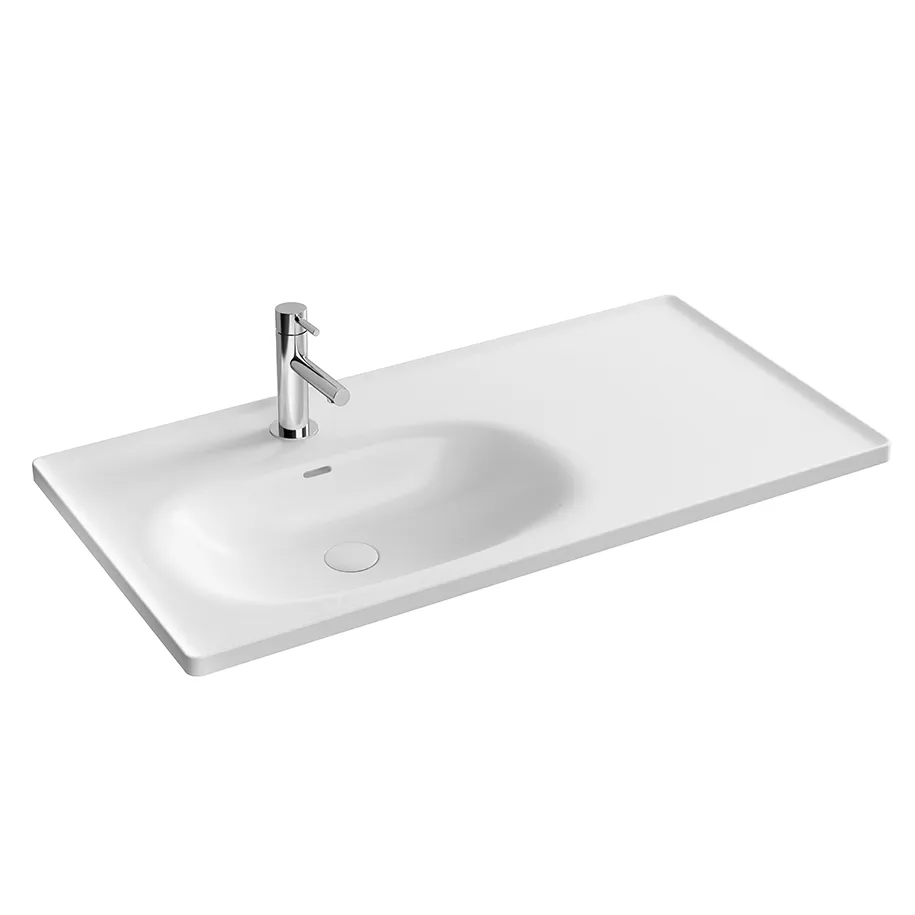 Equal Möbelwaschtisch 100 cm asymmetrisch mit Hahnlochbank mit Hahnloch mit Überlaufschlitz Weiß Hochglanz mit Oberflächenveredelung Clean Equal Möbelwaschtisch 100 cm asymmetrisch mit Hahnlochbank mit Hahnloch mit Überlaufschlitz Weiß Hochglanz mit Oberflächenveredelung Clean