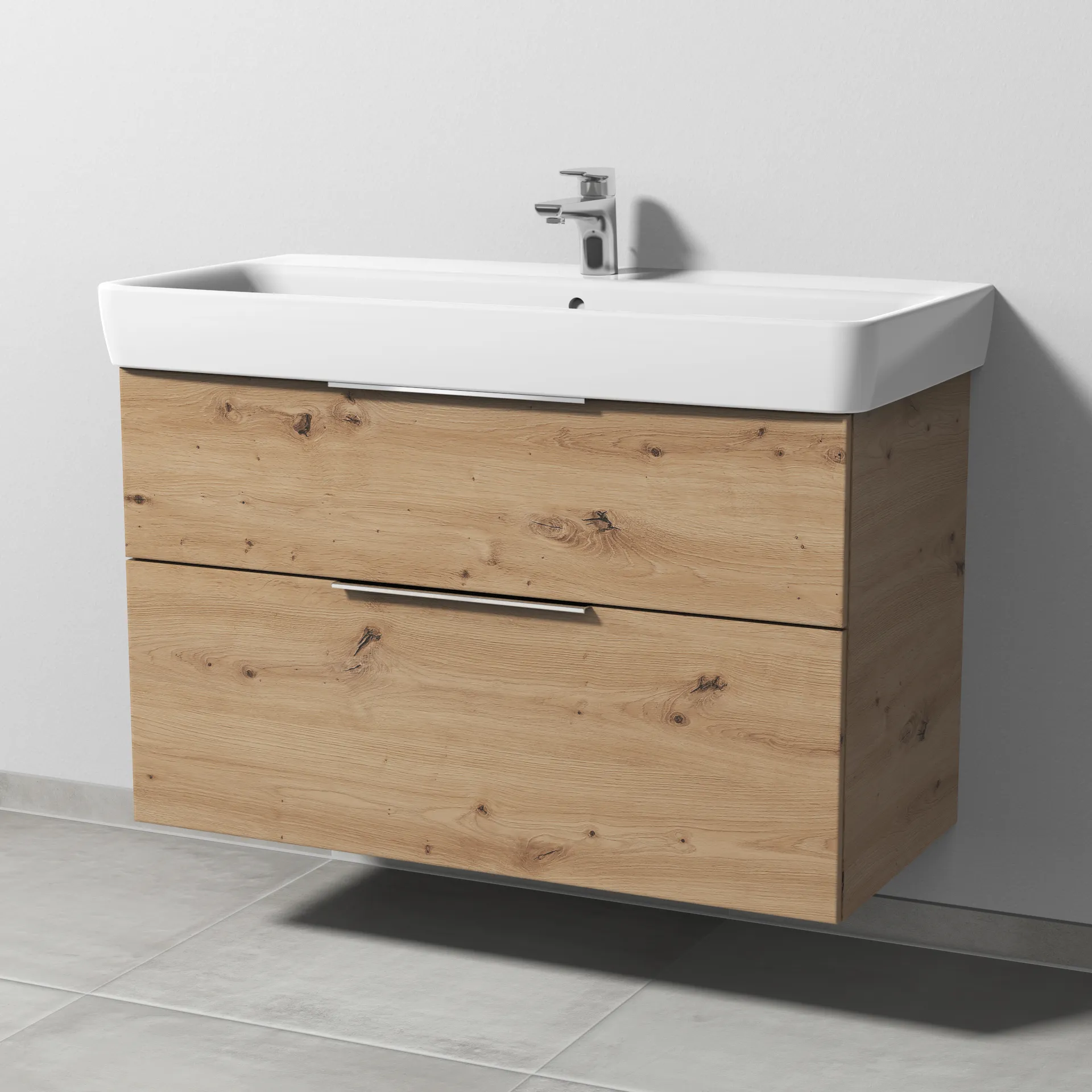 Sanipa Waschtischunterschrank „3way“ passend zu Keramik-Waschtische Renova Plan von Geberit 940 × 588 × 447 mm in Eiche Natural-Touch, Becken mittig