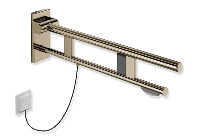 HEWI Stützklappgriff Duo System 900 Design A, Edelstahl PVD bronze glänzend, Ausladung 700 mm, mit WC-Papierhalter und Spül-/Funktionstasten rechts