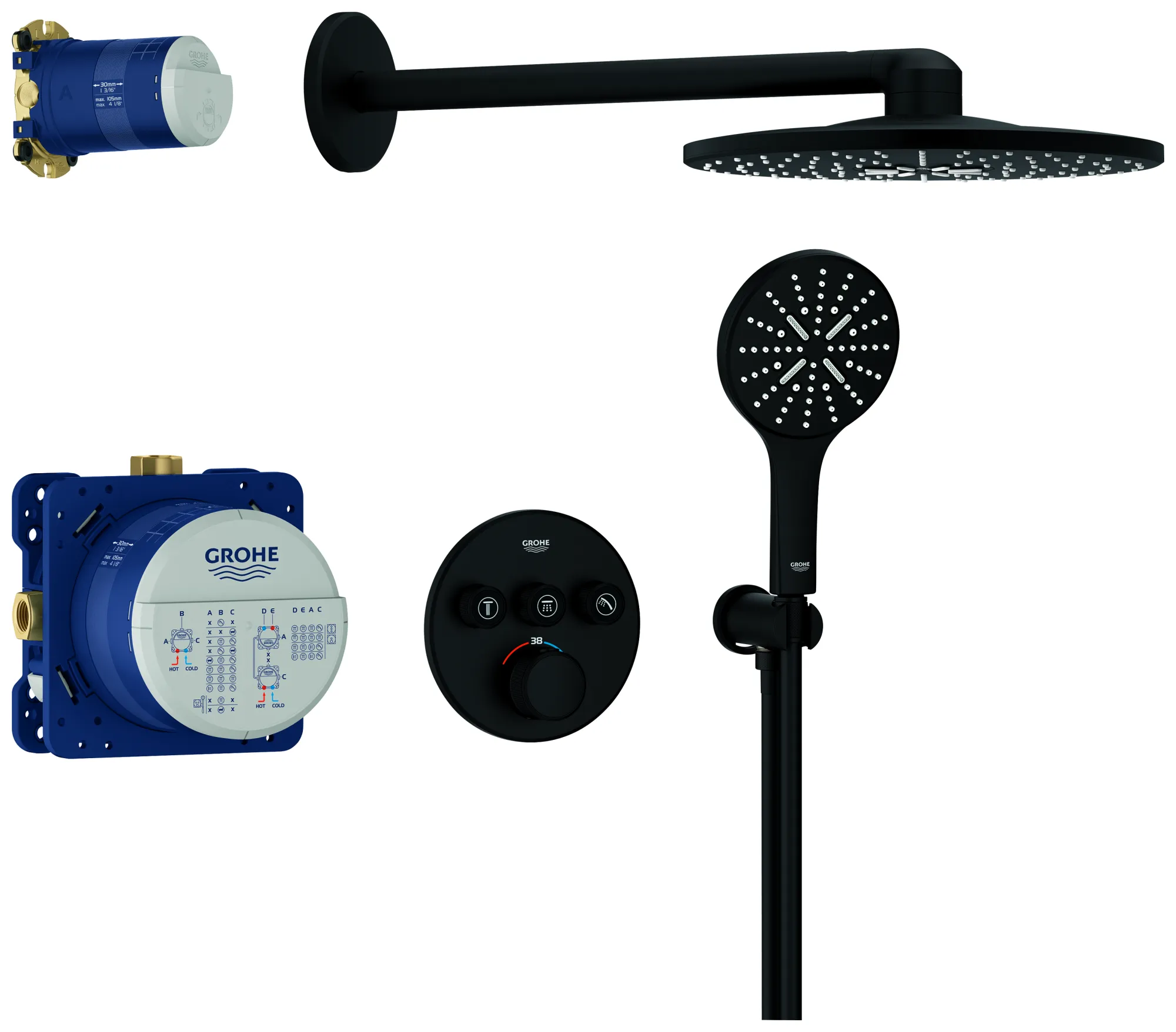 Grohe Grohtherm SmartControl Duschsystem Unterputz mit Rainshower SmartActive 310, runde Form, 3 Absperrventile, phantom black