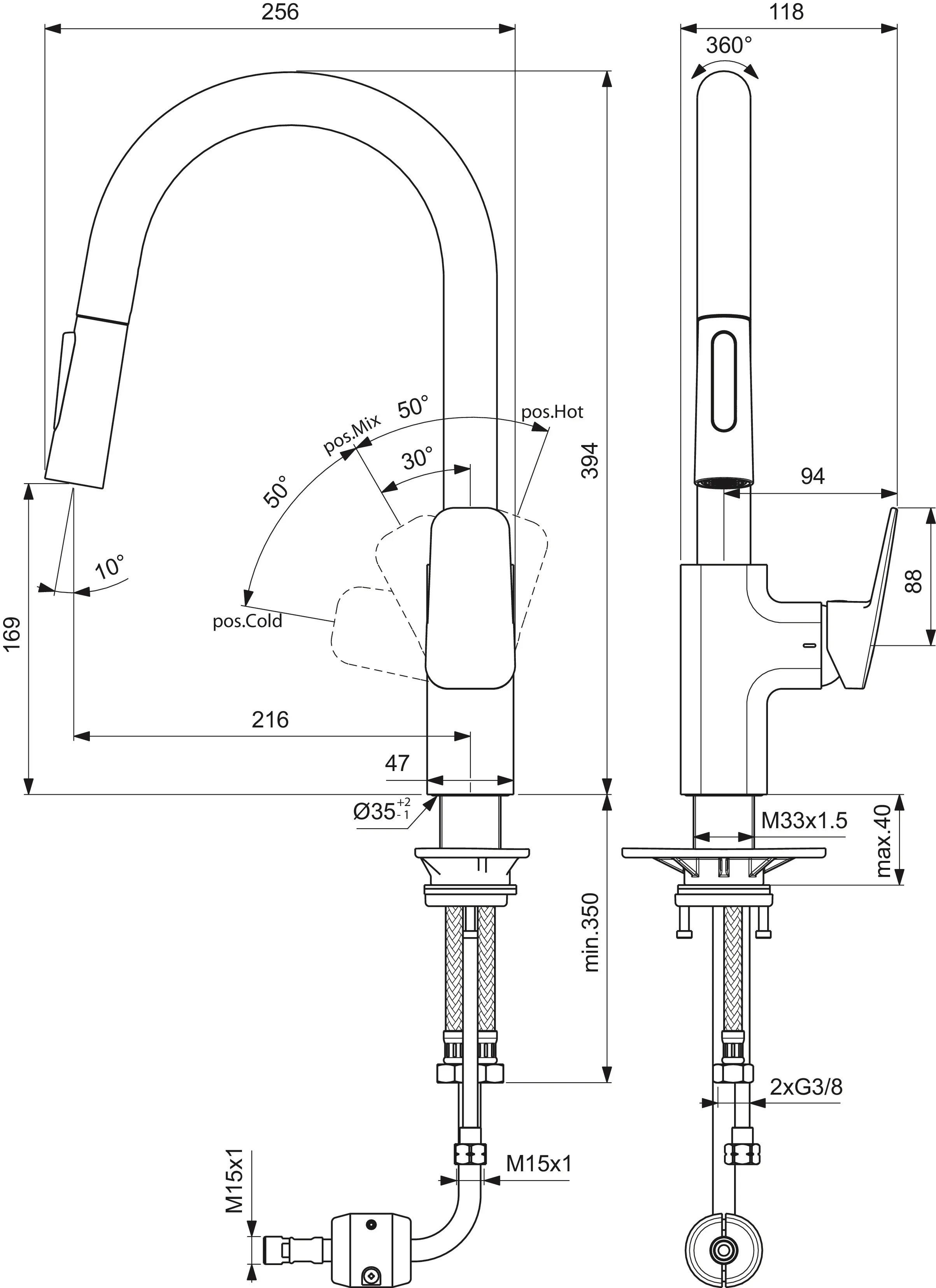 Küchenarmatur Ceraplan Ausladung 216mm mit hohem Rohrauslauf 1-Funktions-Handbrause Chrom