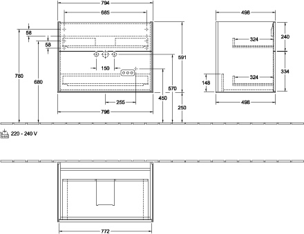 Villeroy & Boch Waschtischunterschrank „Finion“ für Schrankwaschtisch 79,6 × 59,1 × 49,8 cm 2 Schubladen, für Waschtischposition mittig, inkl. Beleuchtung in mittig