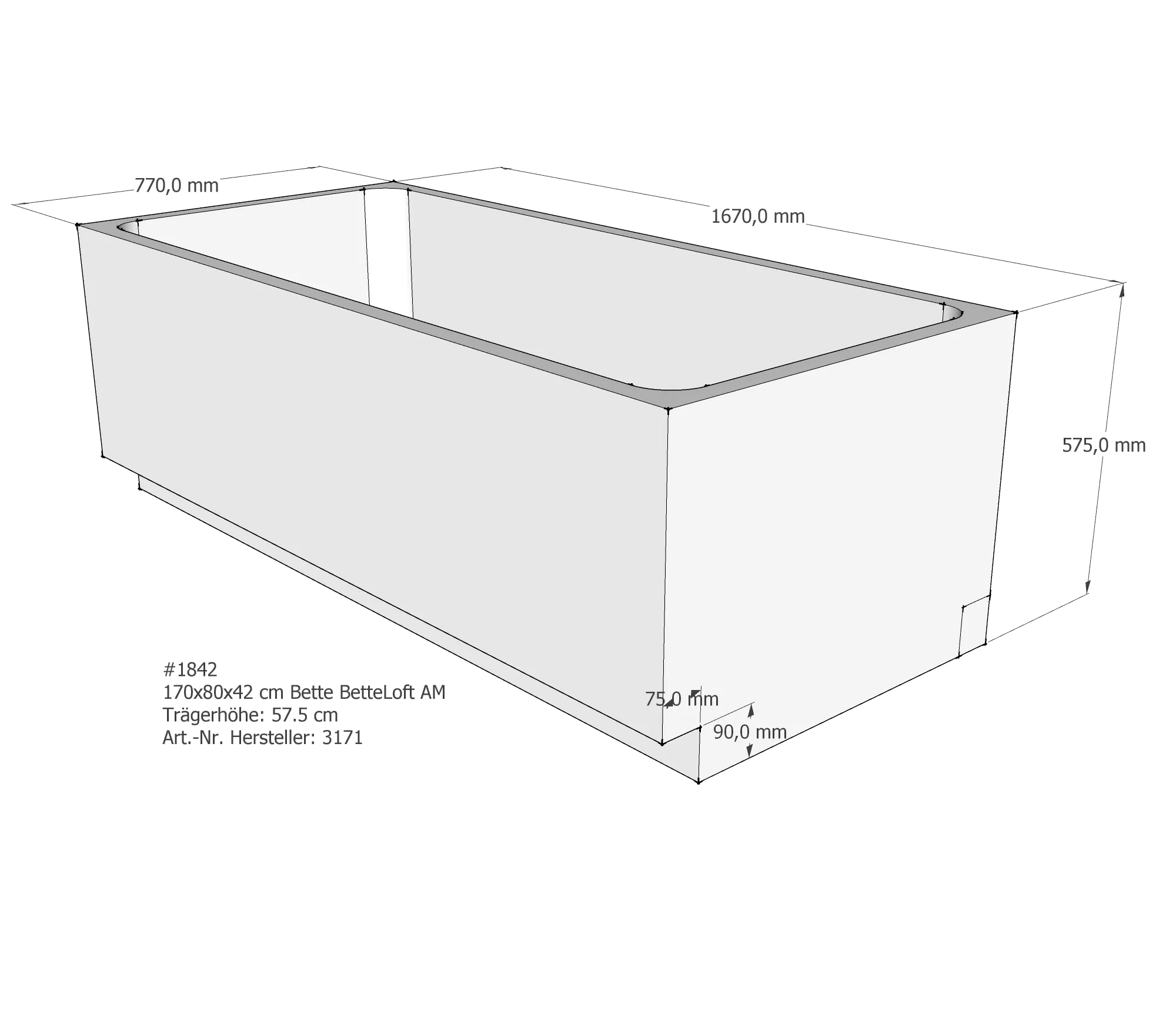 Badewannenträger für Bette Loft 170 × 80 × 42 cm