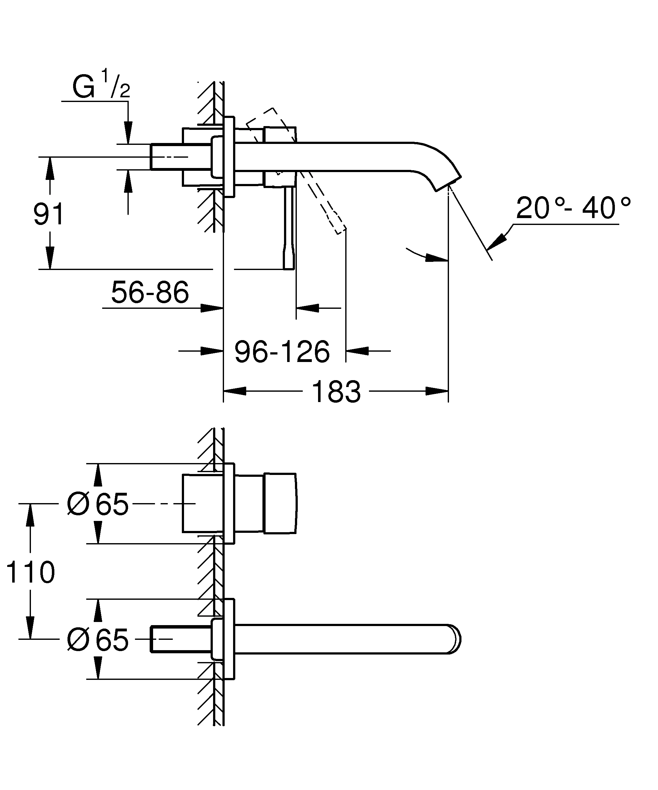 2-Loch-Waschtischbatterie Essence 29192_1, Wandmontage, Fertigmontageset für 23 571, Stichmaß 110 mm, Ausladung 183 mm, Professional Edition, chrom