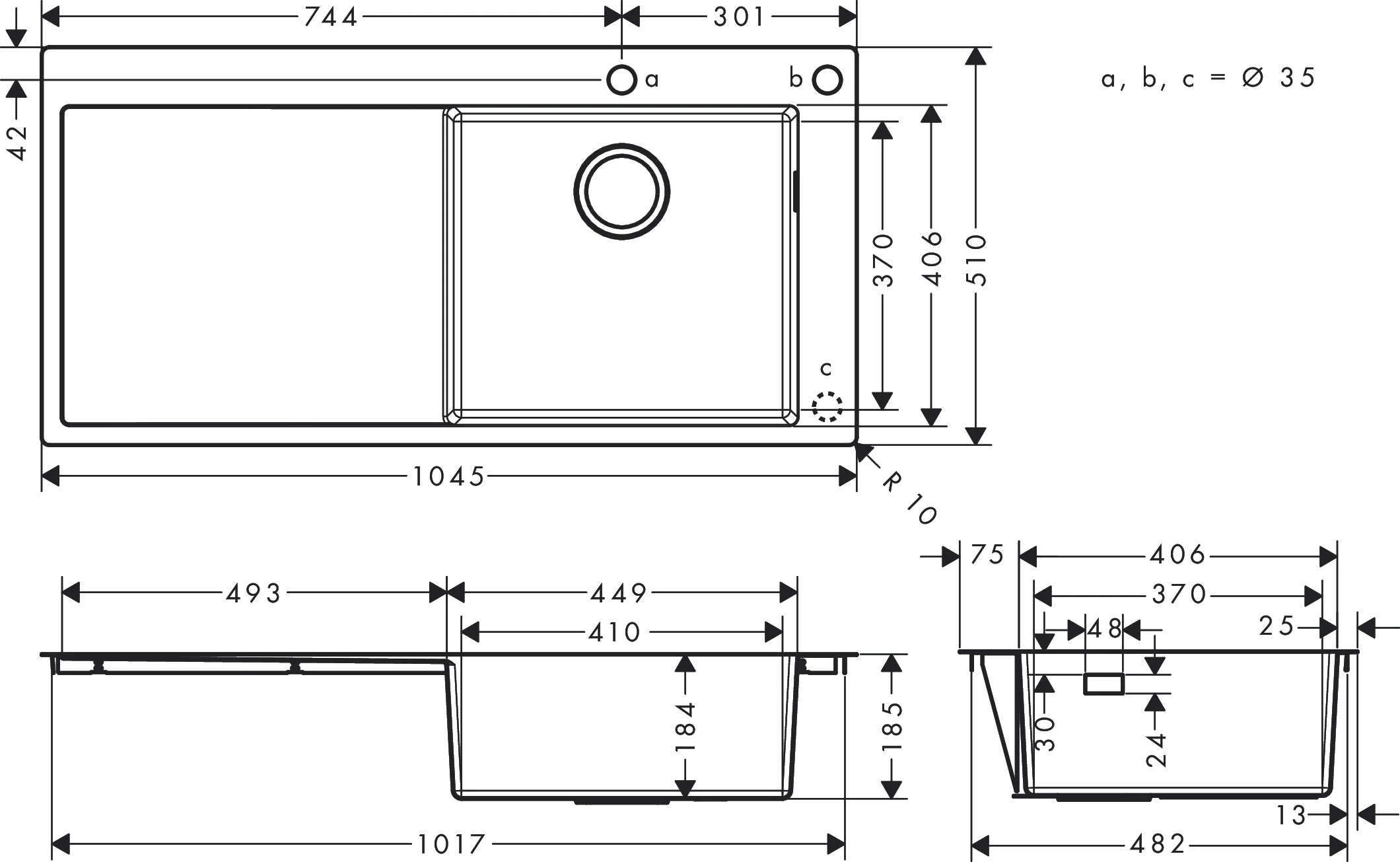 Hansgrohe Einbauspüle S71, Edelstahl, 1025 x 490 mm, 1 Hauptbecken mit Abtropffläche, Becken rechts