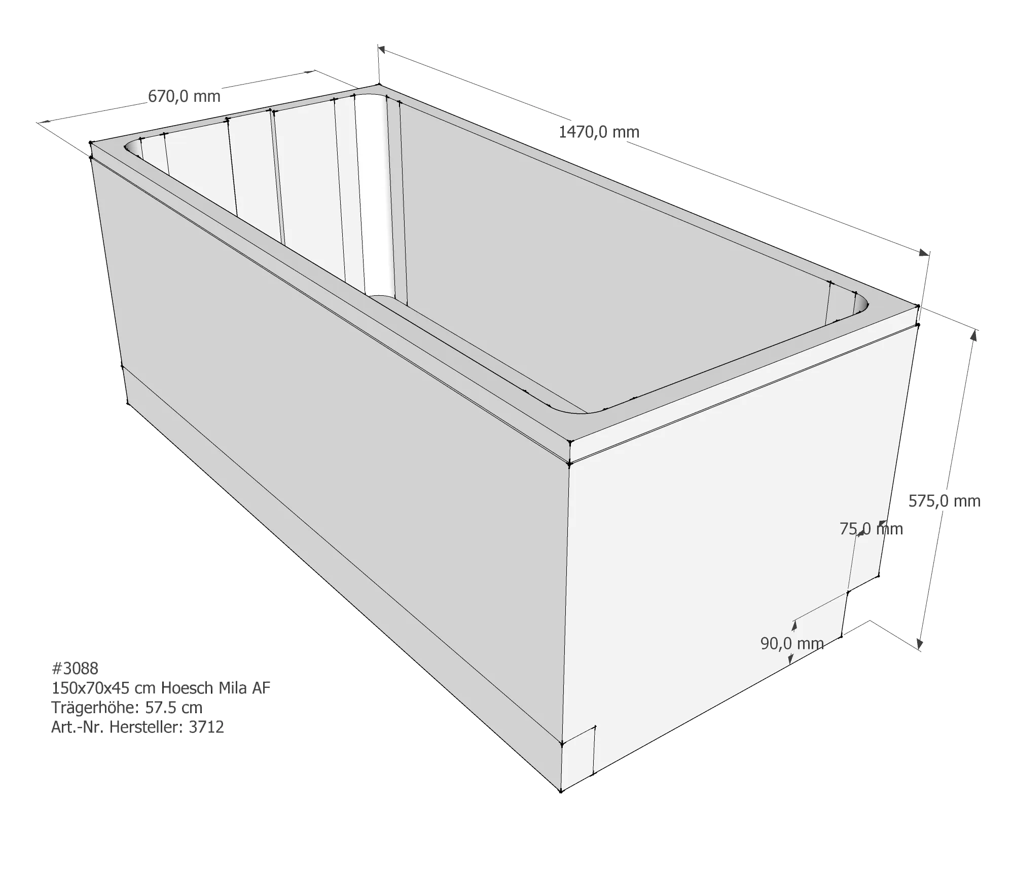 Badewannenträger passend für Hoesch Mila 150 × 70 × 45 cm