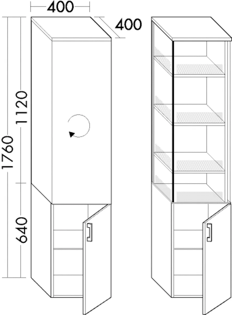 Hochschrank, MagicTwist Drehbeschlag;4 feste Böden;1 Tür;1 Glaseinlegeboden;Cover System inkl. senkrechter Strebe, Tiefe: 400 mm, Breite: 400 mm, Höhe: 1760 mm
