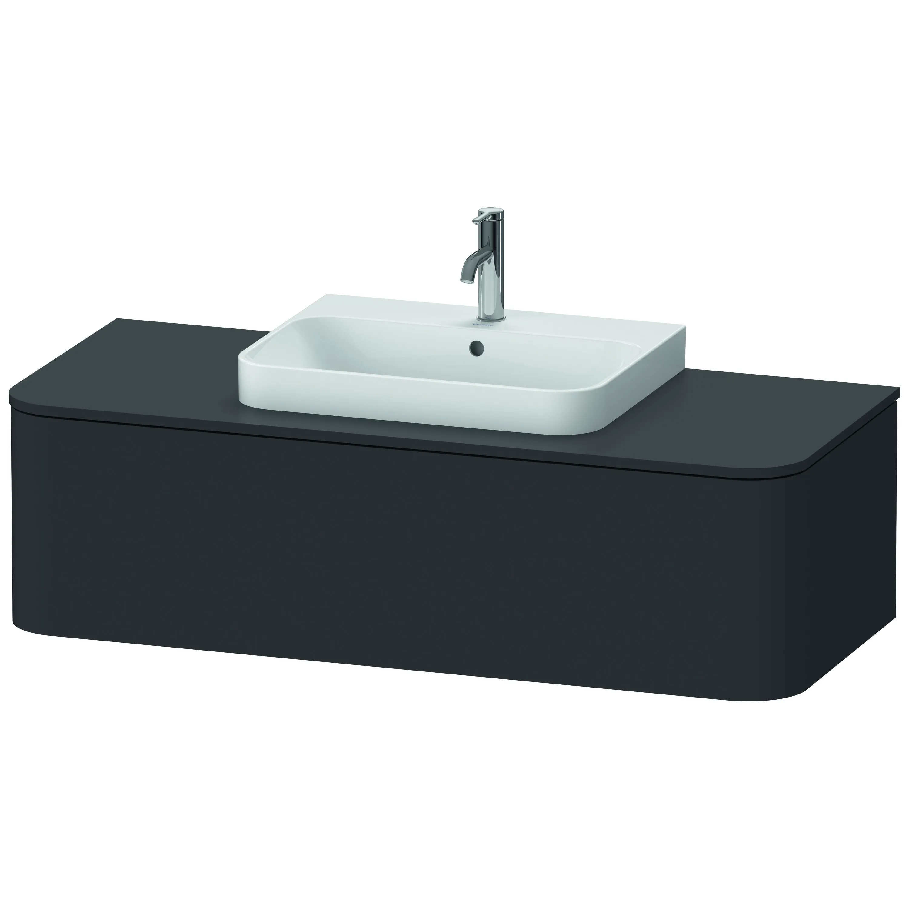 Duravit Waschtischunterschrank wandhängend „Happy D.2 Plus“ 130 × 35,4 × 55 cm Graphit Supermatt Becken: mittig / Beleuchtung: ohne / Front- & Korpusfarbe: Graphit Supermatt / Größe: 130 × 55 × 35,4 cm / Oberfläche: Dekor / Schubladen: 1