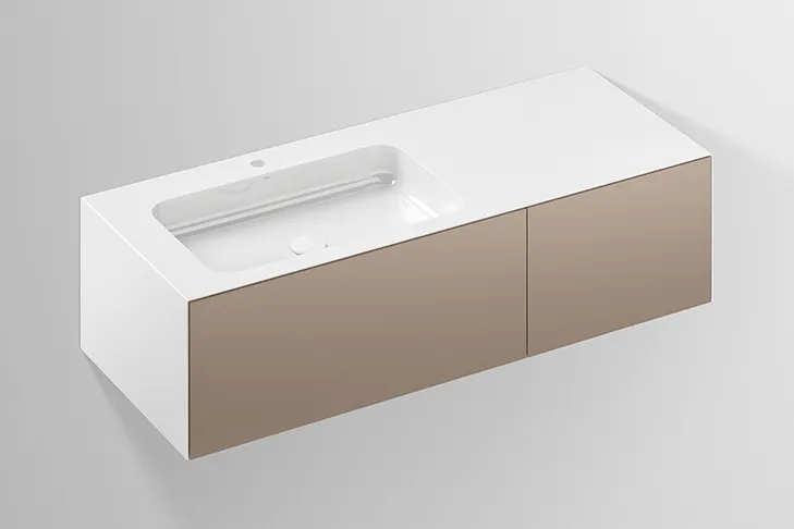 Alape Waschplatz Folio7 5158811 Lack seidenmatt Mondstein Größe: 125,4 × 35 cm|Frontfarbe: Mondstein|Schubladen: 2|Becken: links|Hahnlochbohrung: mit 1×1 Hahnlochbohrung Image