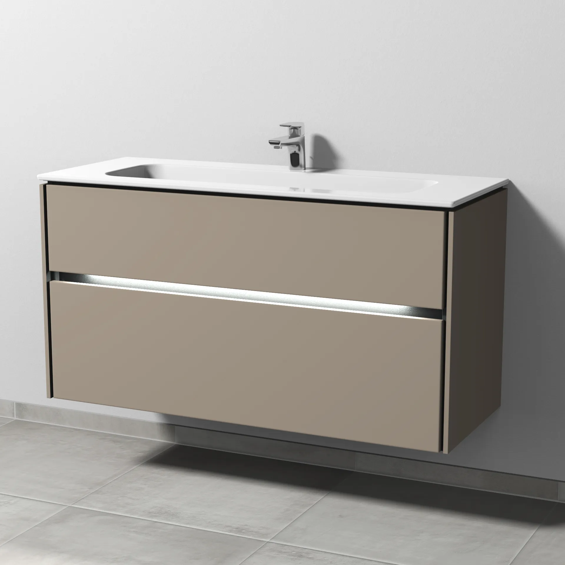 Keramik-Waschtisch-Set mit Waschtischunterschrank „Twiga“ 119 × 46 × 61 cm in Sandgrau (matt), mit Hahnlochbohrung, mit Beleuchtung Keramik-Waschtisch-Set mit Waschtischunterschrank „Twiga“ 119 × 46 × 61 cm in Sandgrau (matt), mit Hahnlochbohrung, mit Beleuchtung