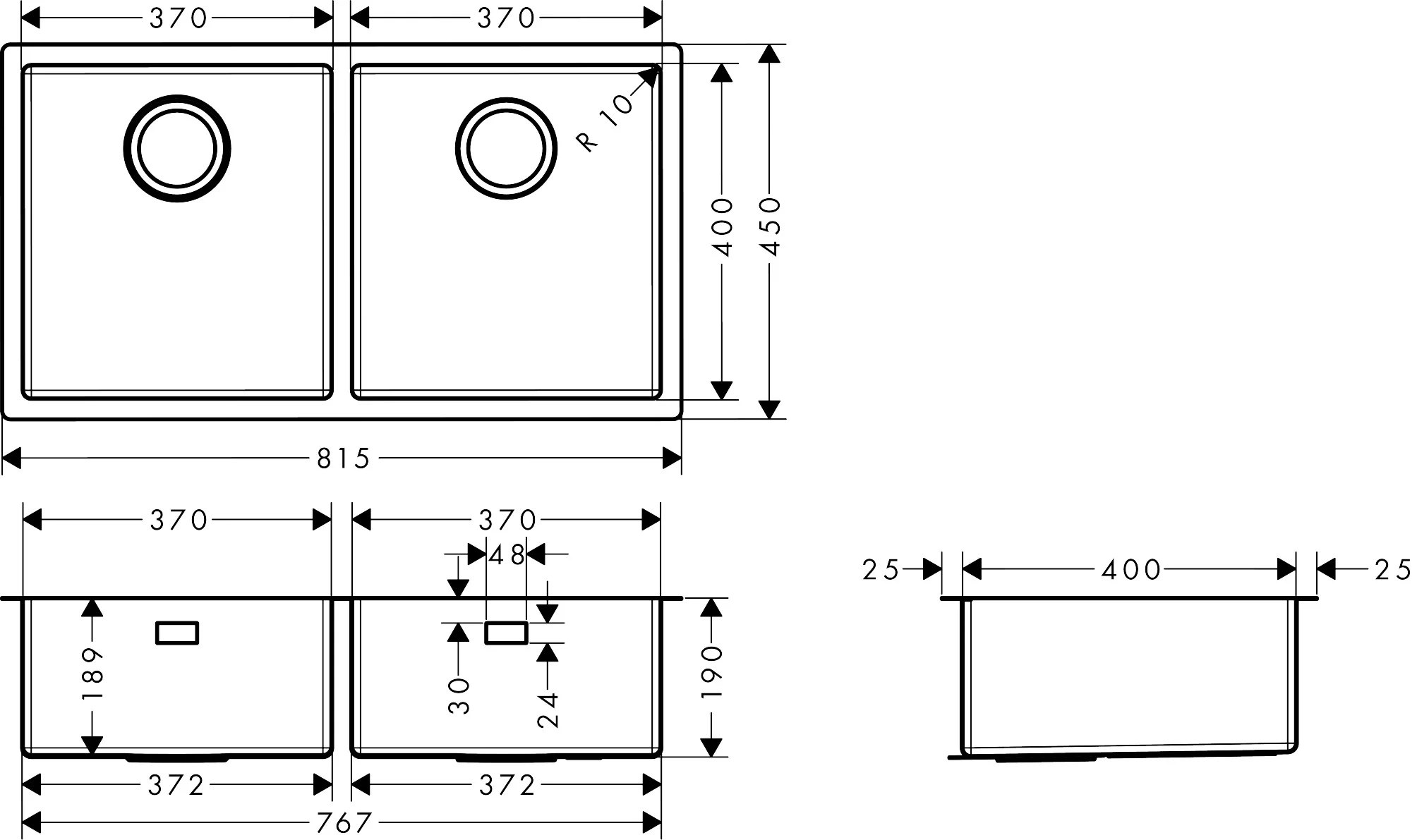 Hansgrohe S71 Unterbauspüle 370x370 mm, Edelstahl, 2 Hauptbecken, flach aufliegend oder flächenbündig Hansgrohe S71 Unterbauspüle 370x370 mm, Edelstahl, 2 Hauptbecken, flach aufliegend oder flächenbündig