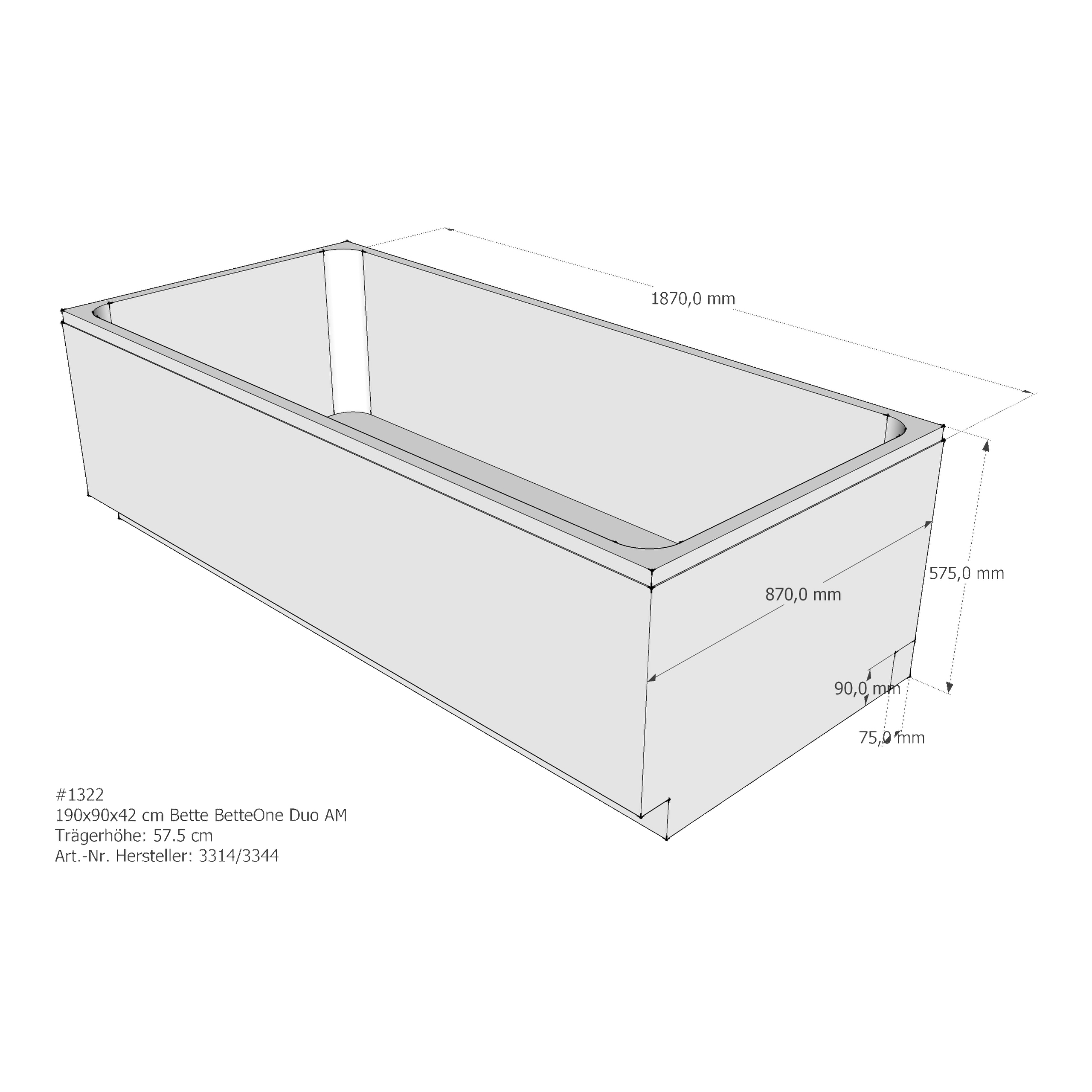 Badewannenträger für Bette One (Duo) 190 × 90 × 42 cm Breite: 90 cm / Länge: 190 cm Badewannenträger für Bette One (Duo) 190 × 90 × 42 cm Breite: 90 cm / Länge: 190 cm