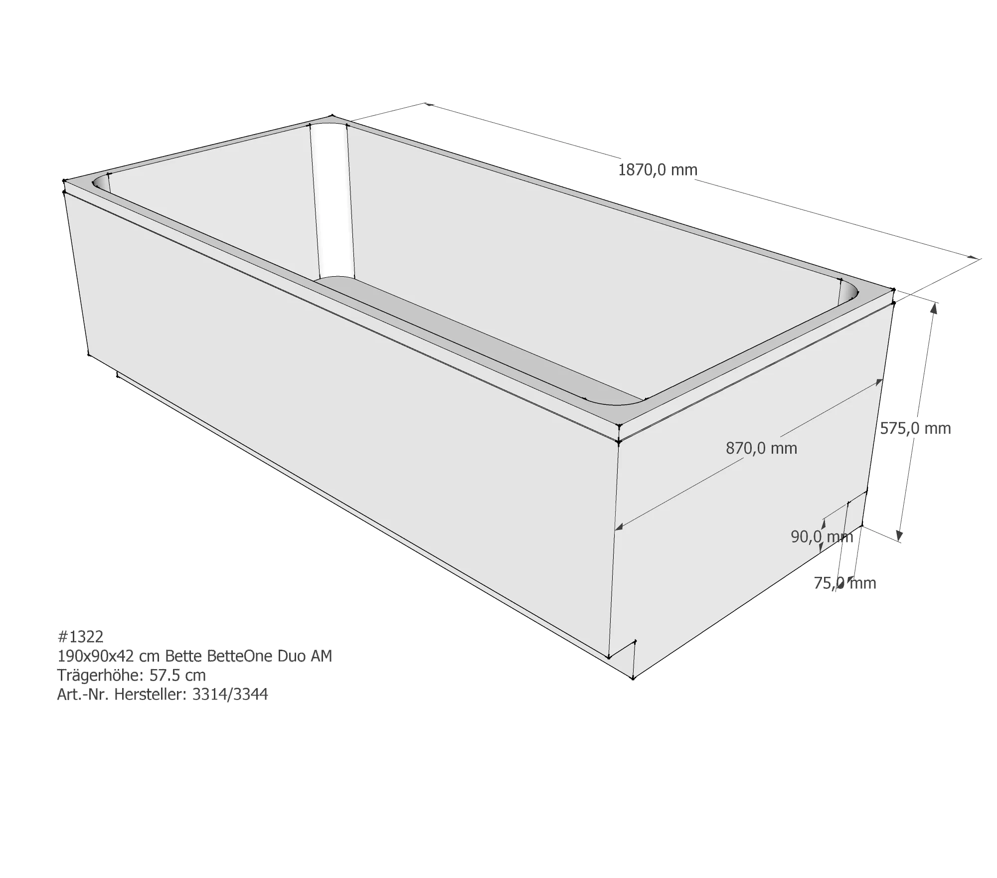 Badewannenträger für Bette One (Duo) 190 × 90 × 42 cm Breite: 90 cm / Länge: 190 cm Badewannenträger für Bette One (Duo) 190 × 90 × 42 cm Breite: 90 cm / Länge: 190 cm