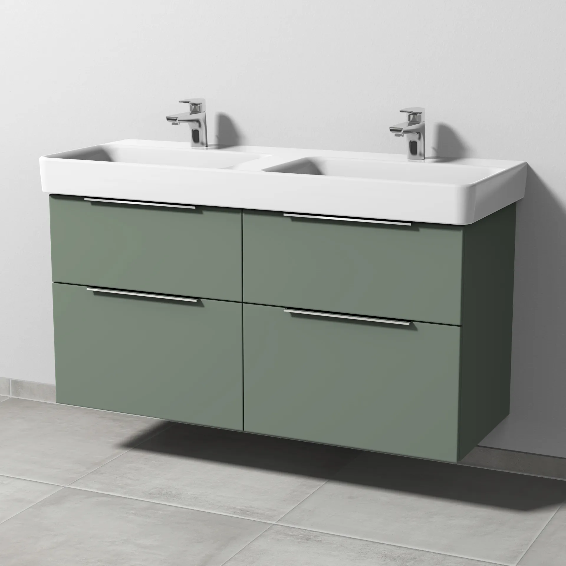 Sanipa Waschtischunterschrank „3way“ passend zu Keramik-Waschtische Pro S von Laufen 1150 × 593 × 437 mm in Soft-Green, Becken links und rechts