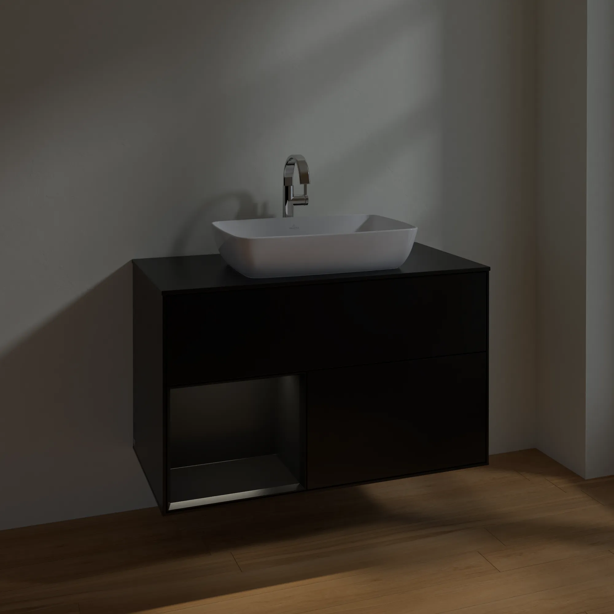 Villeroy & Boch Waschbeckenunterschrank Finion F77, 1000x603x501 mm, Black Matt Lacquer, mit Beleuchtung und SoftClosing Villeroy & Boch Waschbeckenunterschrank Finion F77, 1000x603x501 mm, Black Matt Lacquer, mit Beleuchtung und SoftClosing