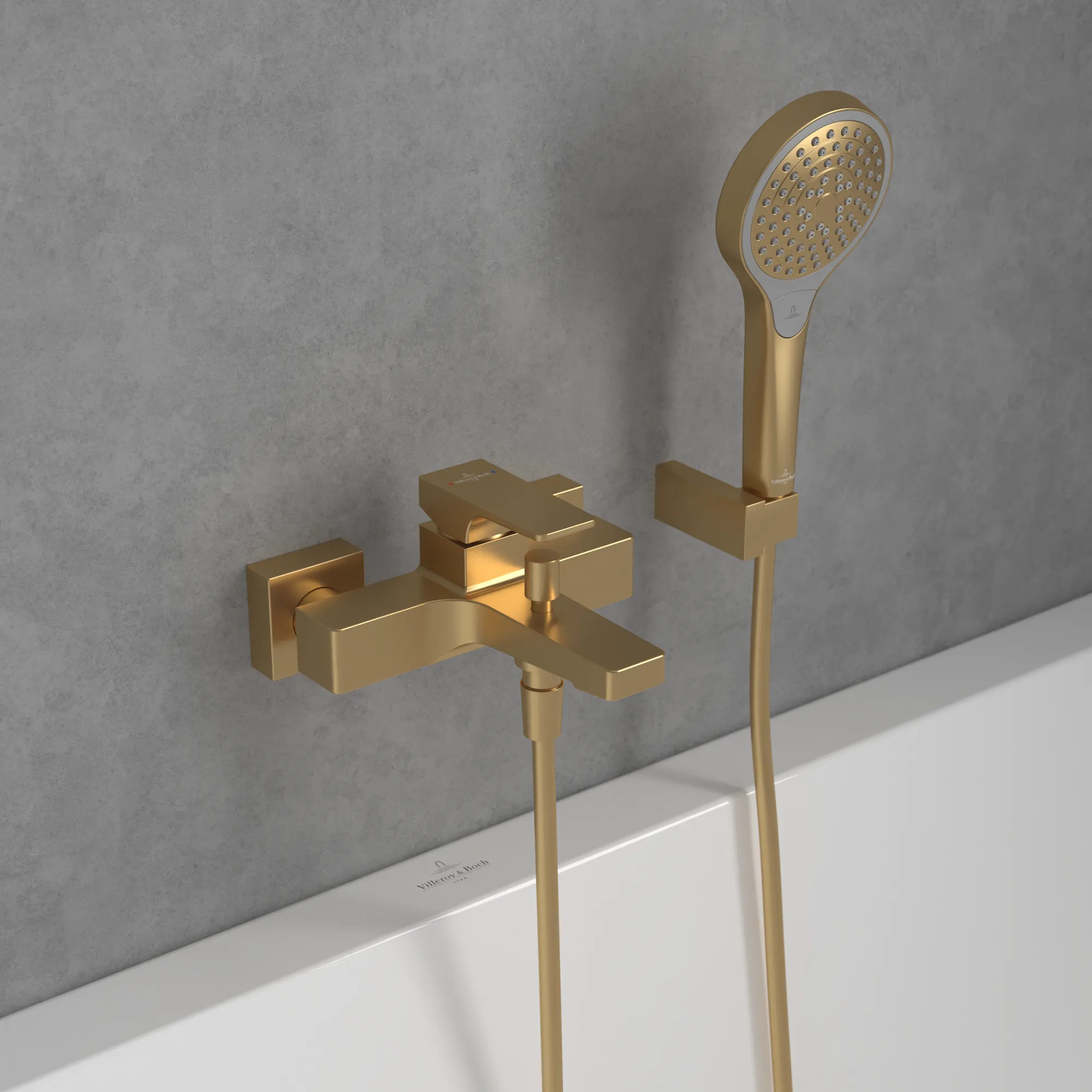 Villeroy & Boch Architectura Square Einhebel-Badewannenarmatur, Brushed Gold, 101 x 210 x 198 mm, Comfortstrahl mit AirPlus, SmartPressure, EasyClean