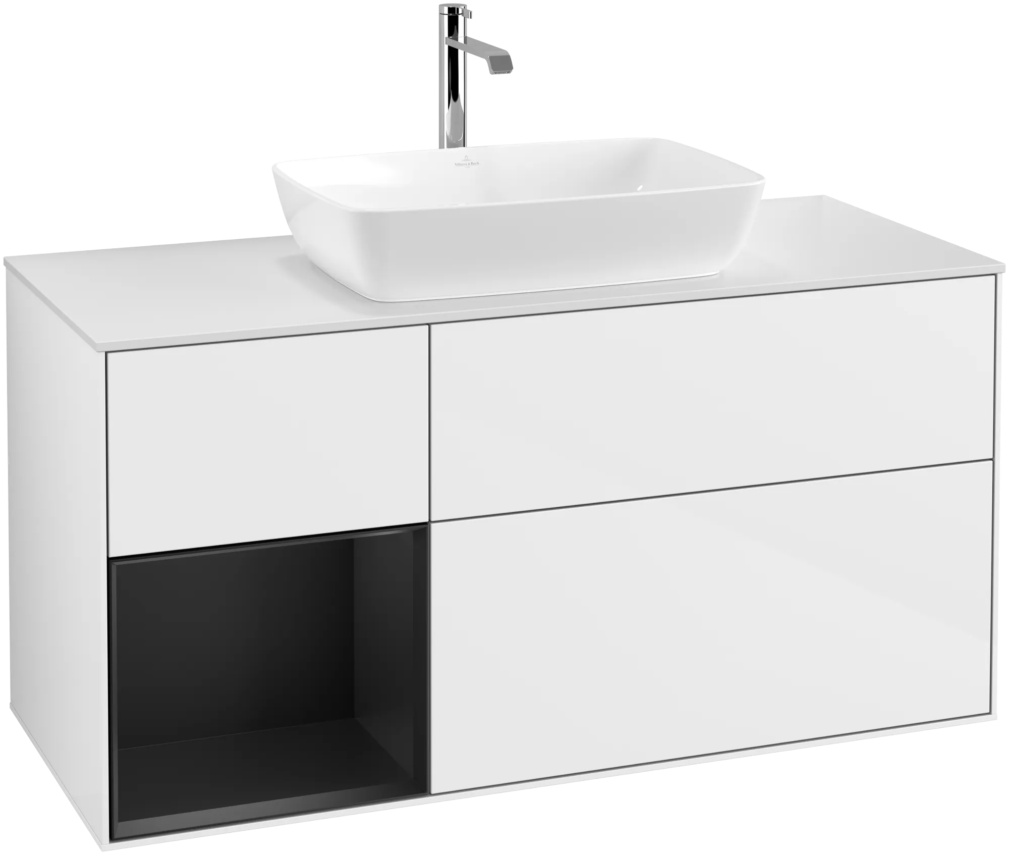 Villeroy & Boch Waschbeckenunterschrank Finion F82, 1200x603x501mm, mit Beleuchtung, 3 Auszüge, Glossy White Lacquer / Black Matt Lacquer / Glass