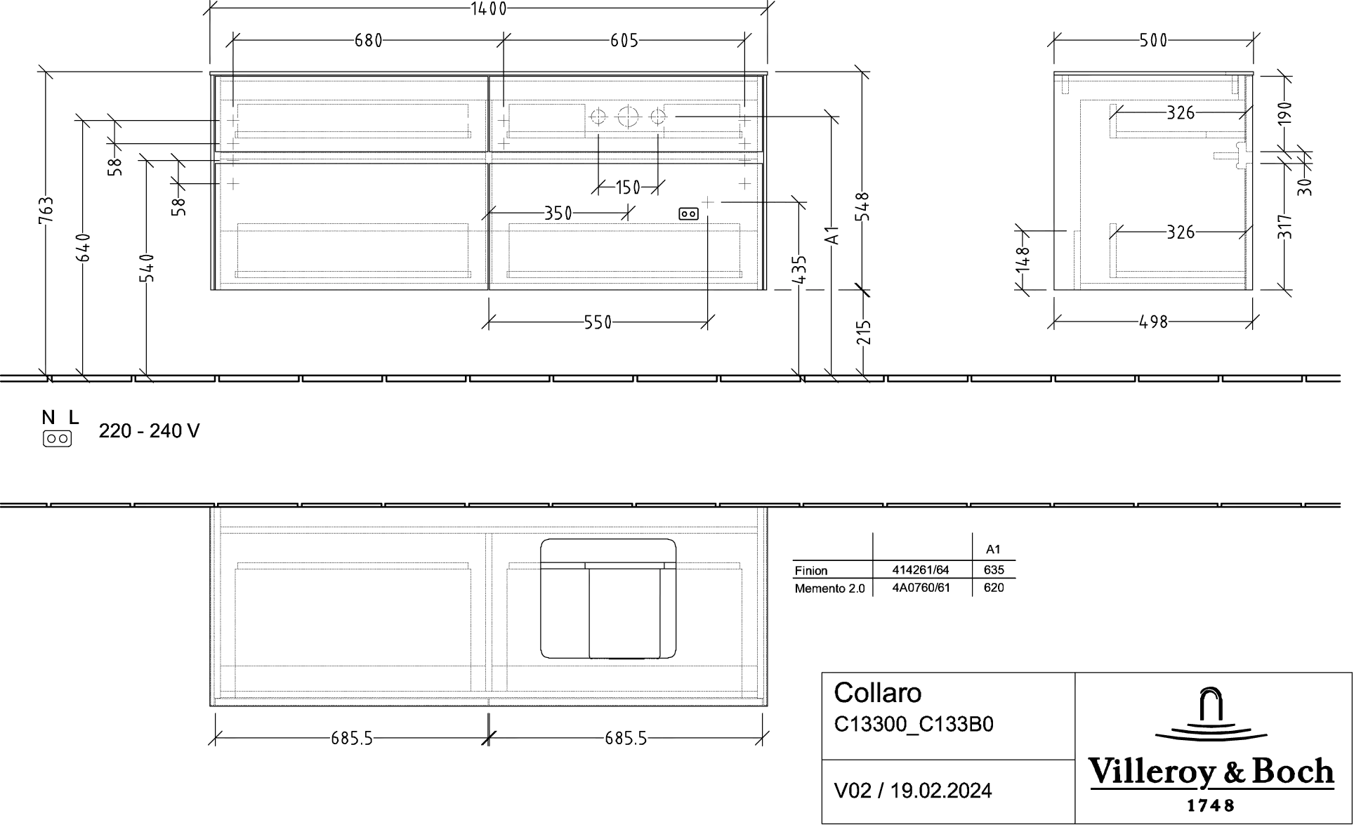 Villeroy & Boch Waschtischunterschrank „Collaro“ 1400 × 548 × 500 mm Nordic Oak, mit Beleuchtung, für Becken rechts