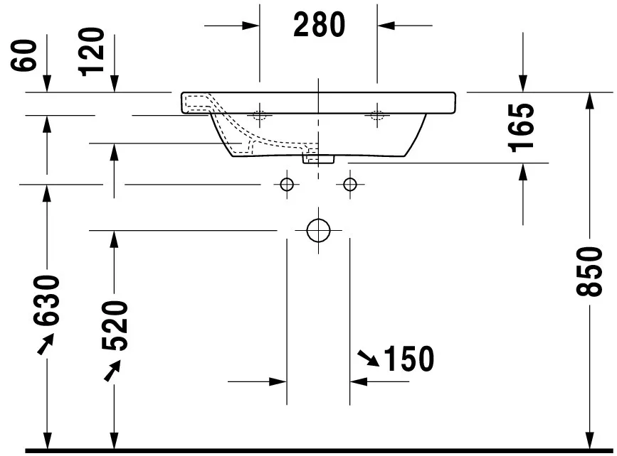 Wandwaschtisch „DuraStyle“, mit Überlauf, Hahnlochposition mittig  Wandwaschtisch „DuraStyle“, mit Überlauf, Hahnlochposition mittig