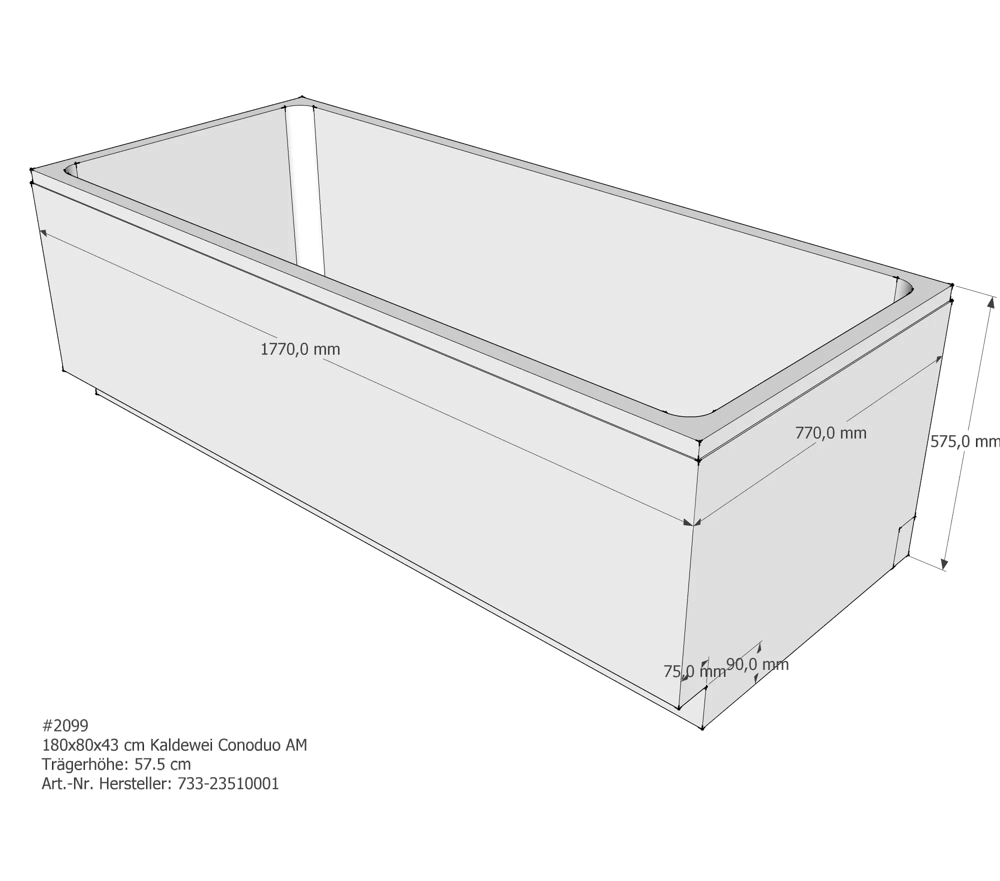 Badewannenträger für Kaldewei Conoduo 180 × 80 × 43 cm Breite: 80 cm / Länge: 180 cm
