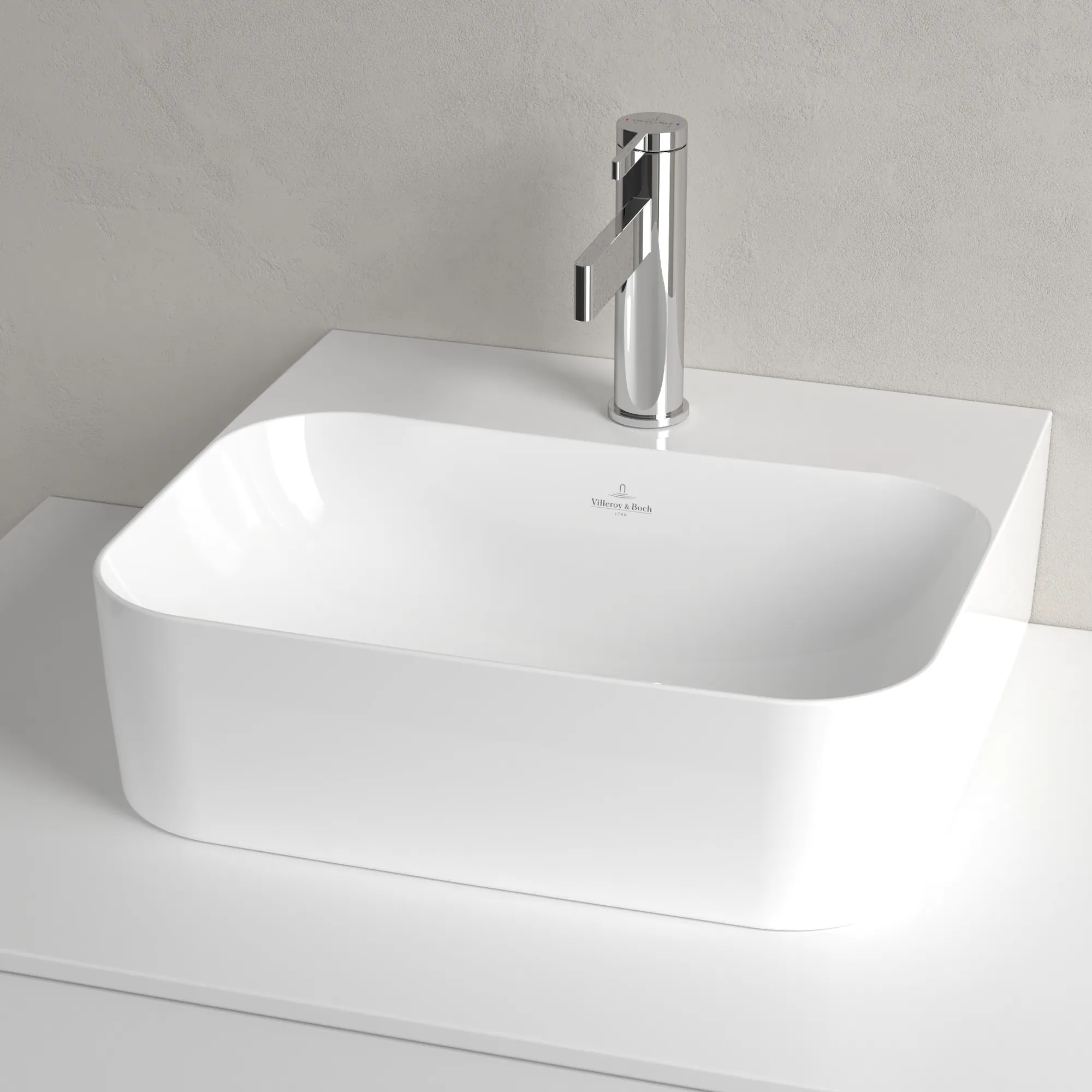 Villeroy & Boch Handwaschbecken aus TitanCeram geschliffen „Finion“ 430 × 390 × 140 mm, mit Hahnlochbohrung, Hahnlochposition mittig in Weiß Alpin, mit CeramicPlus Villeroy & Boch Handwaschbecken aus TitanCeram geschliffen „Finion“ 430 × 390 × 140 mm, mit Hahnlochbohrung, Hahnlochposition mittig in Weiß Alpin, mit CeramicPlus
