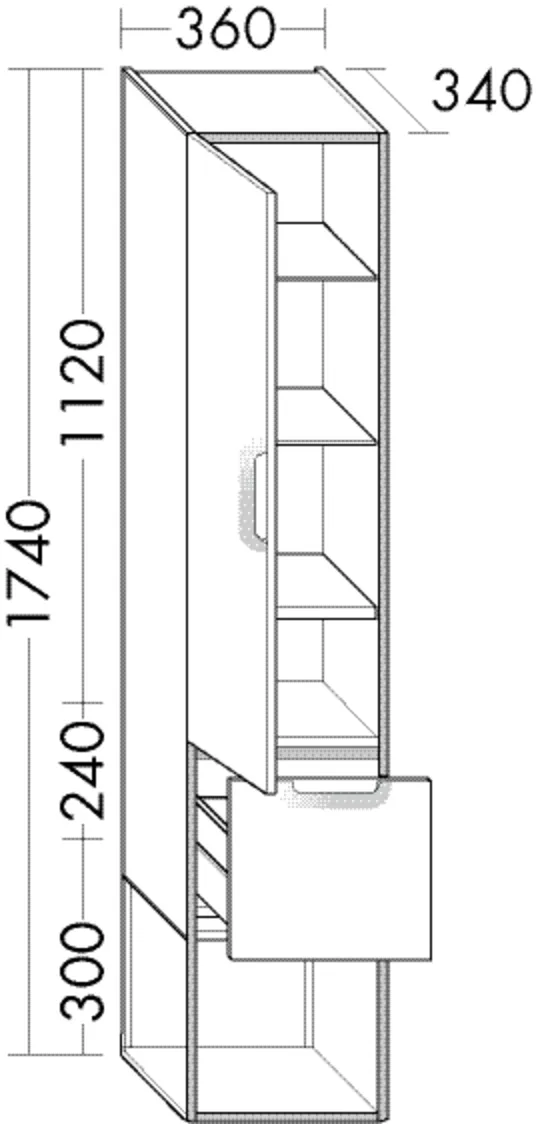 Hochschrank, 1 Tür;1 Schublade;1 offenes Fach;Alurahmen Schwarz Matt, Tiefe: 340 mm, Breite: 360 mm, Höhe: 1740 mm