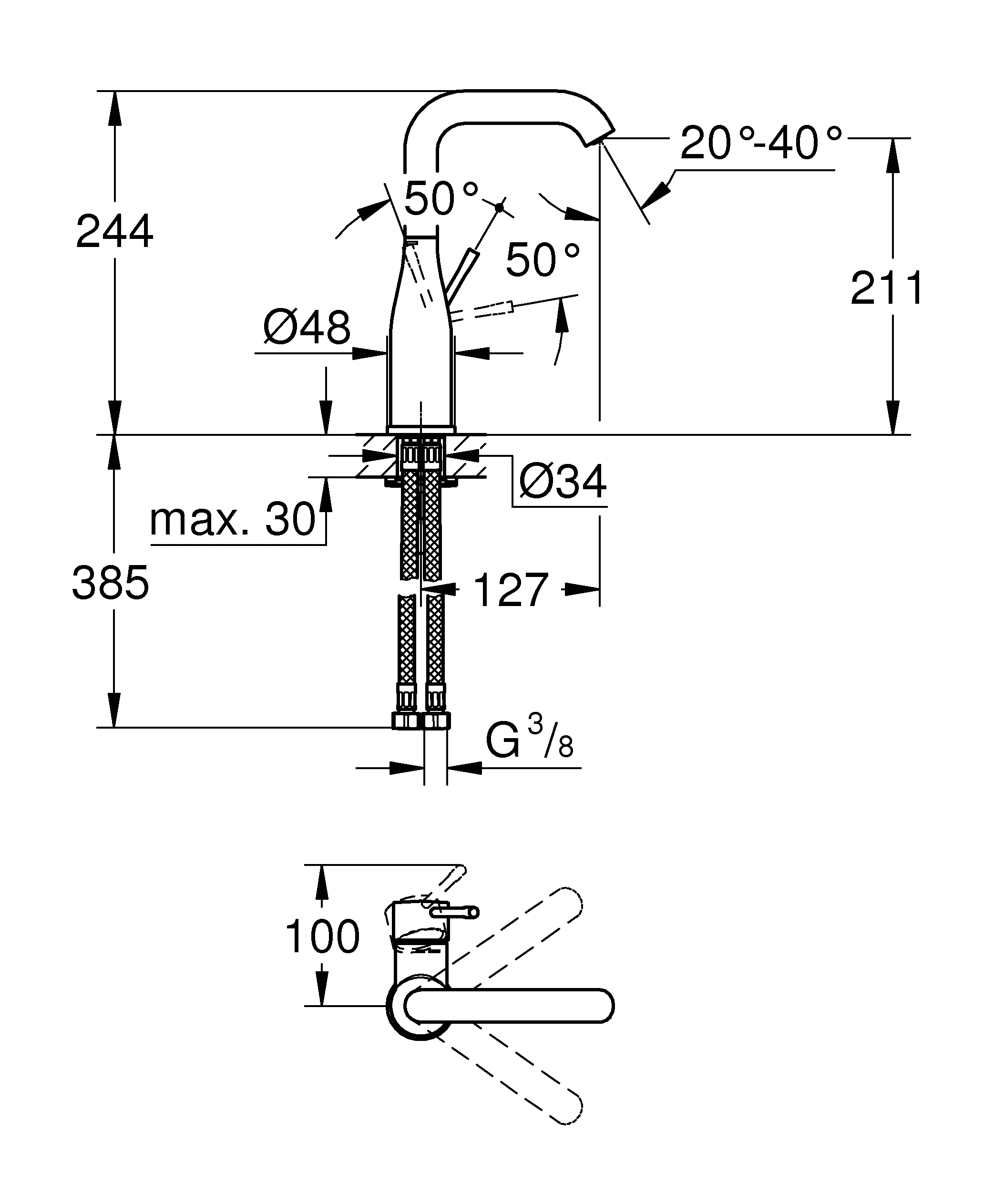 Einhand-Waschtischbatterie Essence 24177_1, L-Size, Einlochmontage, glatter Körper, schwenkbarer Auslauf, Professional Edition, chrom