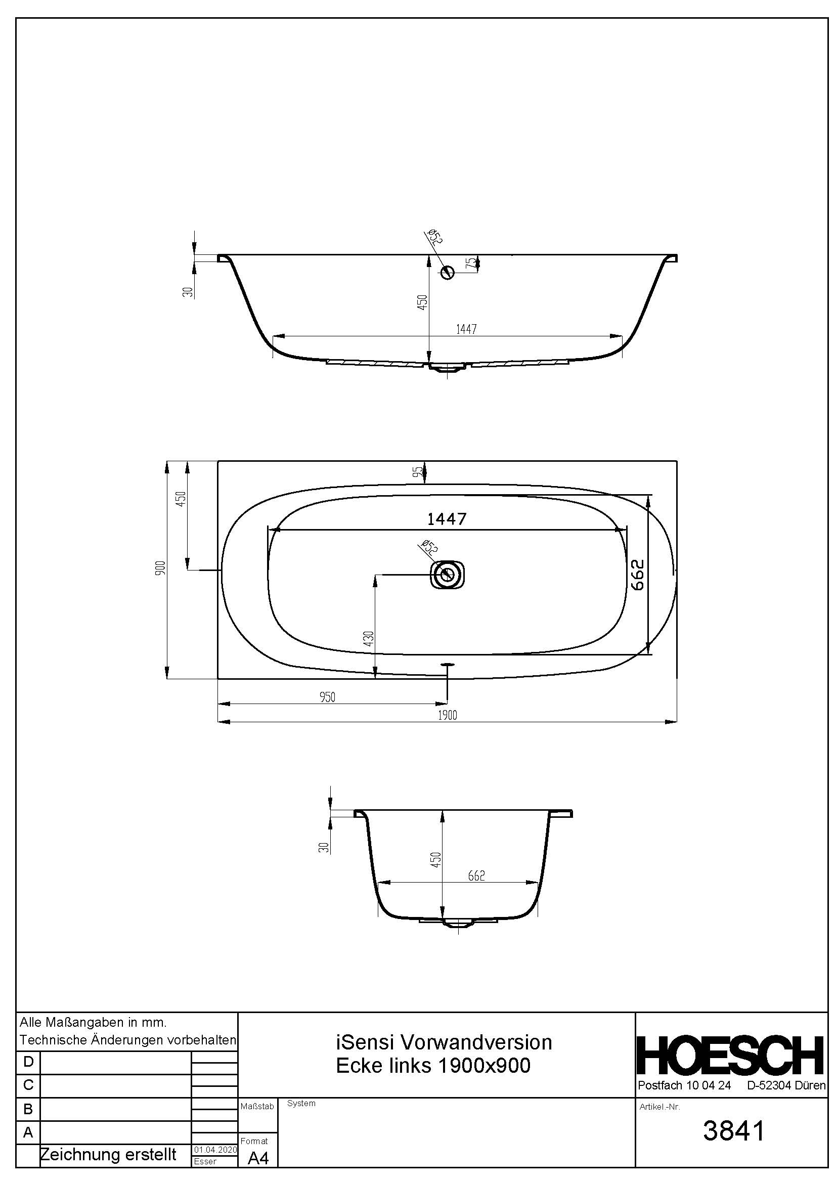 Hoesch Badewanne „iSensi“ eck, asymmetrisch 190 × 90 cm, links in 