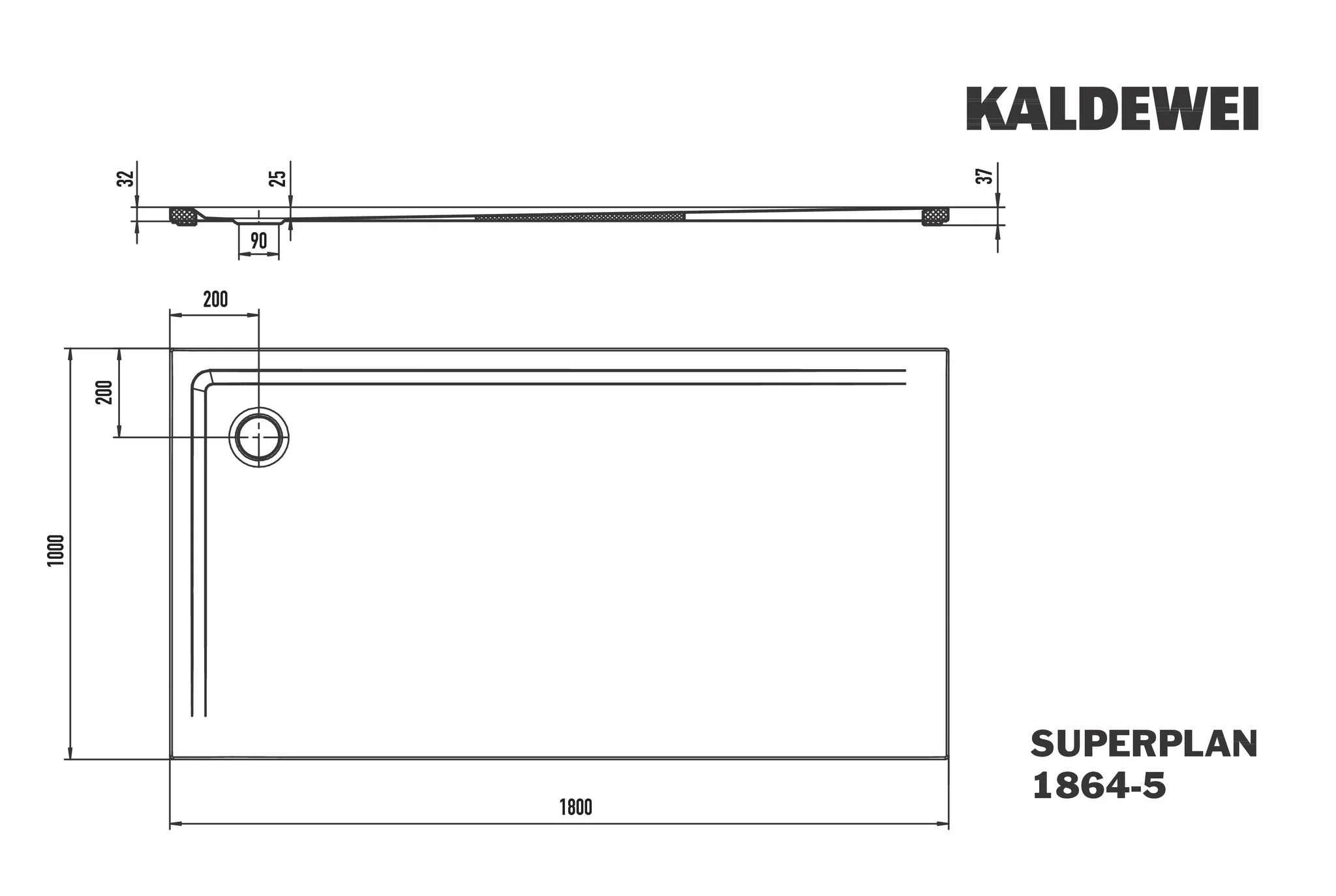 Kaldewei SUPERPLAN MIT WANNENTRÄGER EXTRAFLACH Duschfläche 1000x1800 mm, warm beige 20, 32 mm Randhöhe, 25 mm Tiefe, Eckablauf, begehbar von 2 Seiten