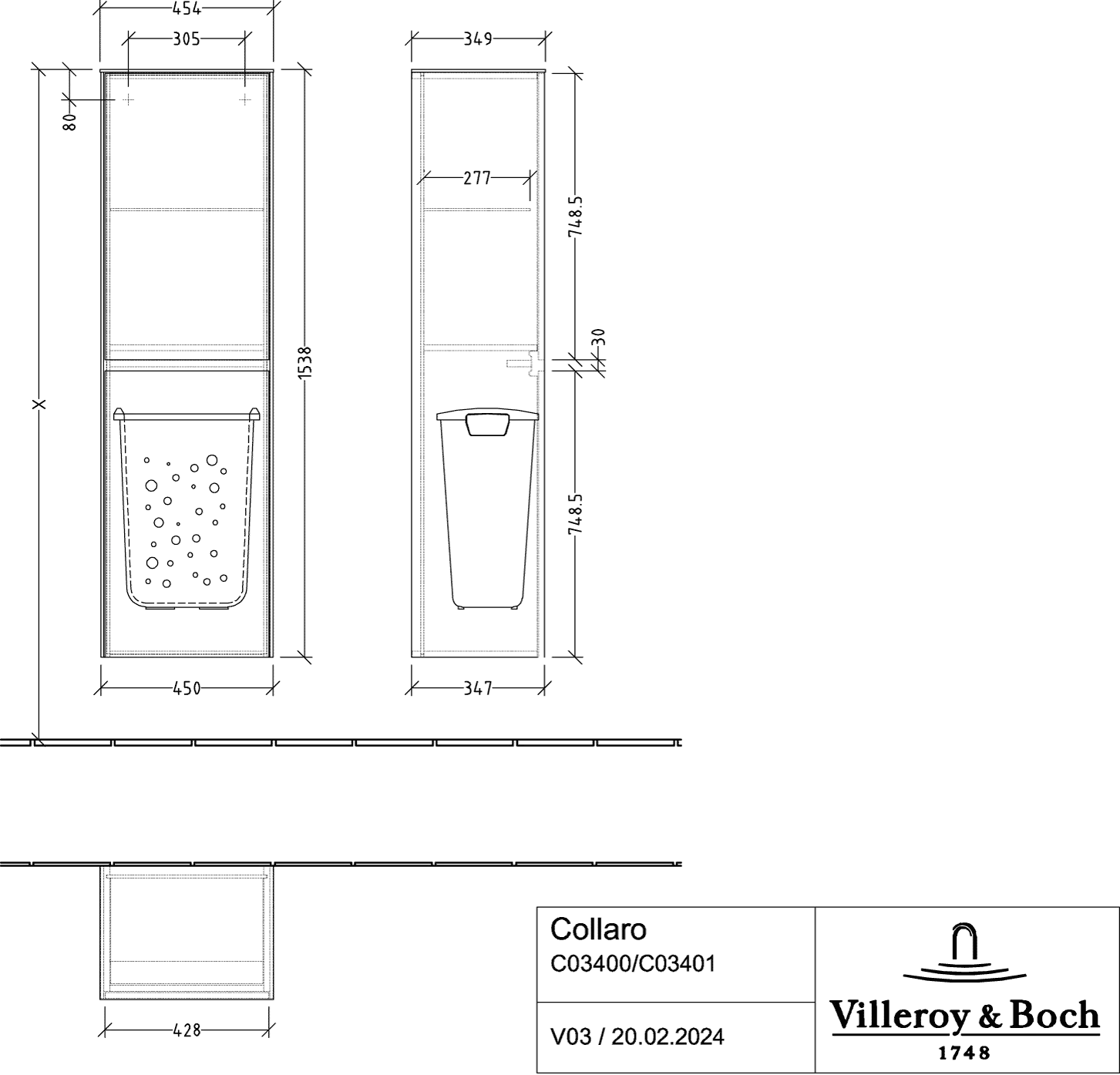 Villeroy & Boch Collaro Hochschrank C03400, 454x1538x347mm, 2 Türen, links Anschlag, Soft Green Villeroy & Boch Collaro Hochschrank C03400, 454x1538x347mm, 2 Türen, links Anschlag, Soft Green