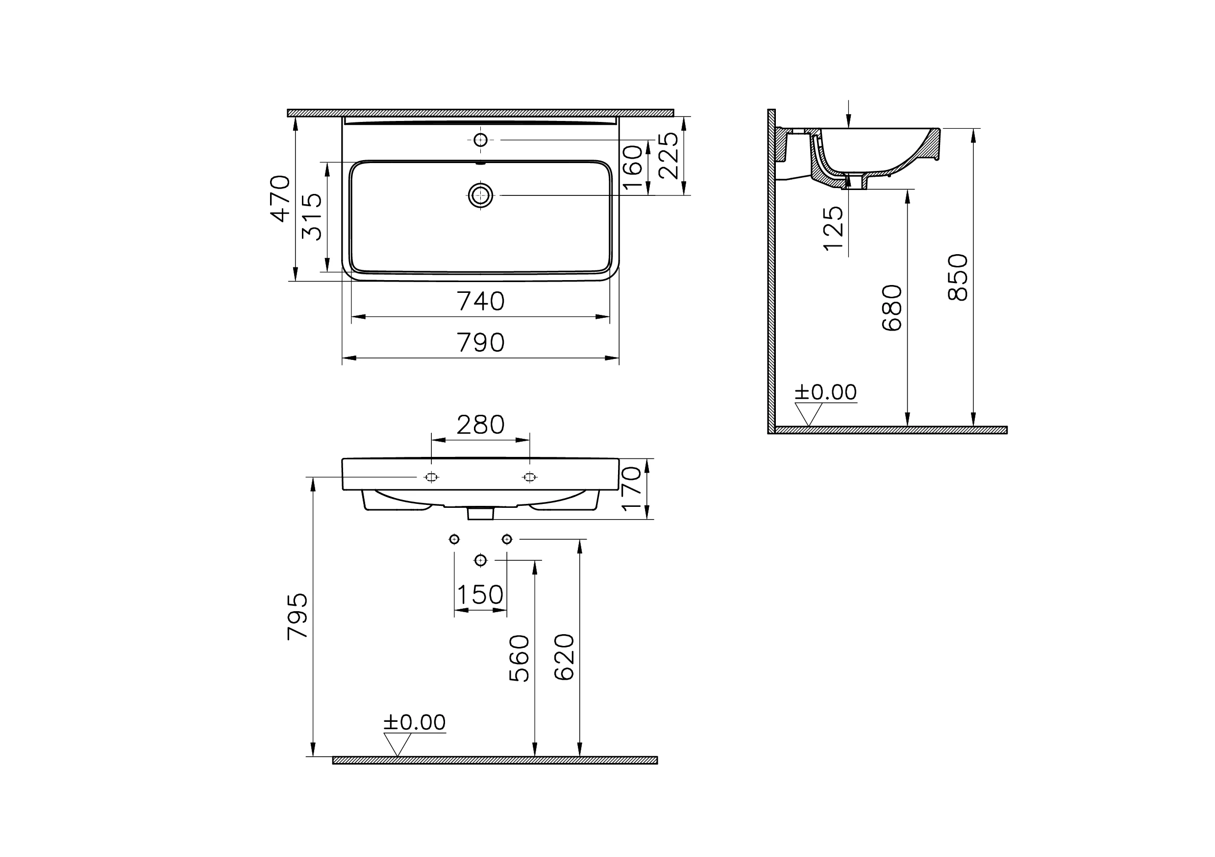 New Integra Round Waschtisch unterbaufähig mit Hahnloch mittig 79 x 47 x 17 cm (BxTxH) Weiß Hochglanz