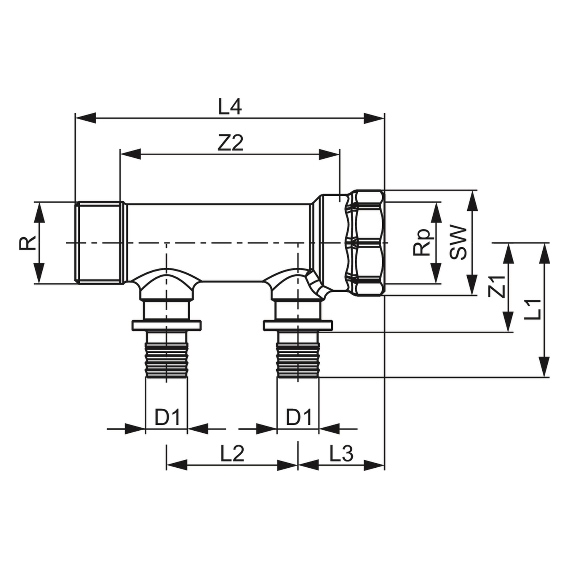 TECEflex Verteiler 2-fach Dimension 16 × 3/4", Siliziumbronze