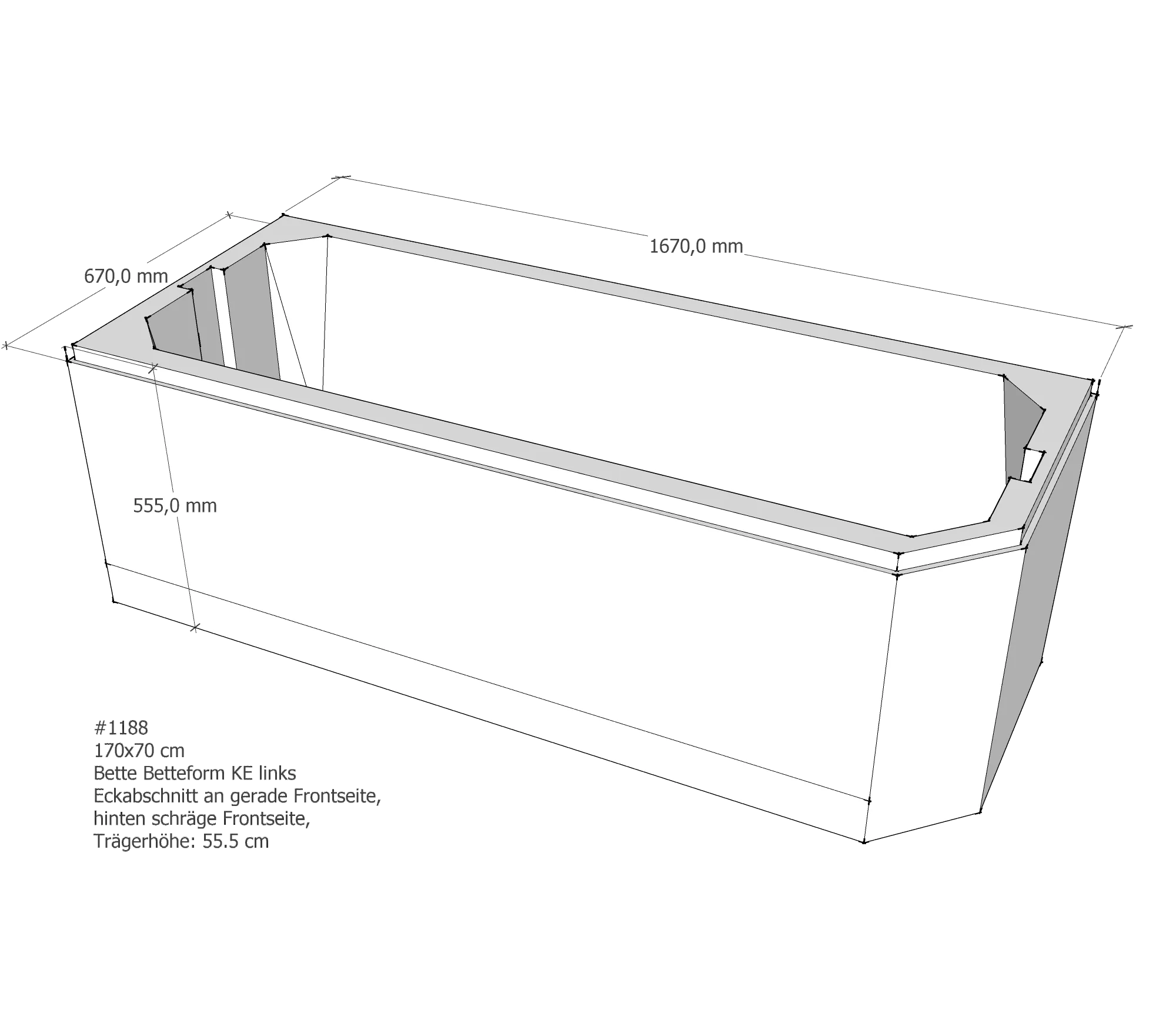 Badewannenträger für Bette Profi-Form KE links gerade Frontseite 170 × 70 × 42 cm