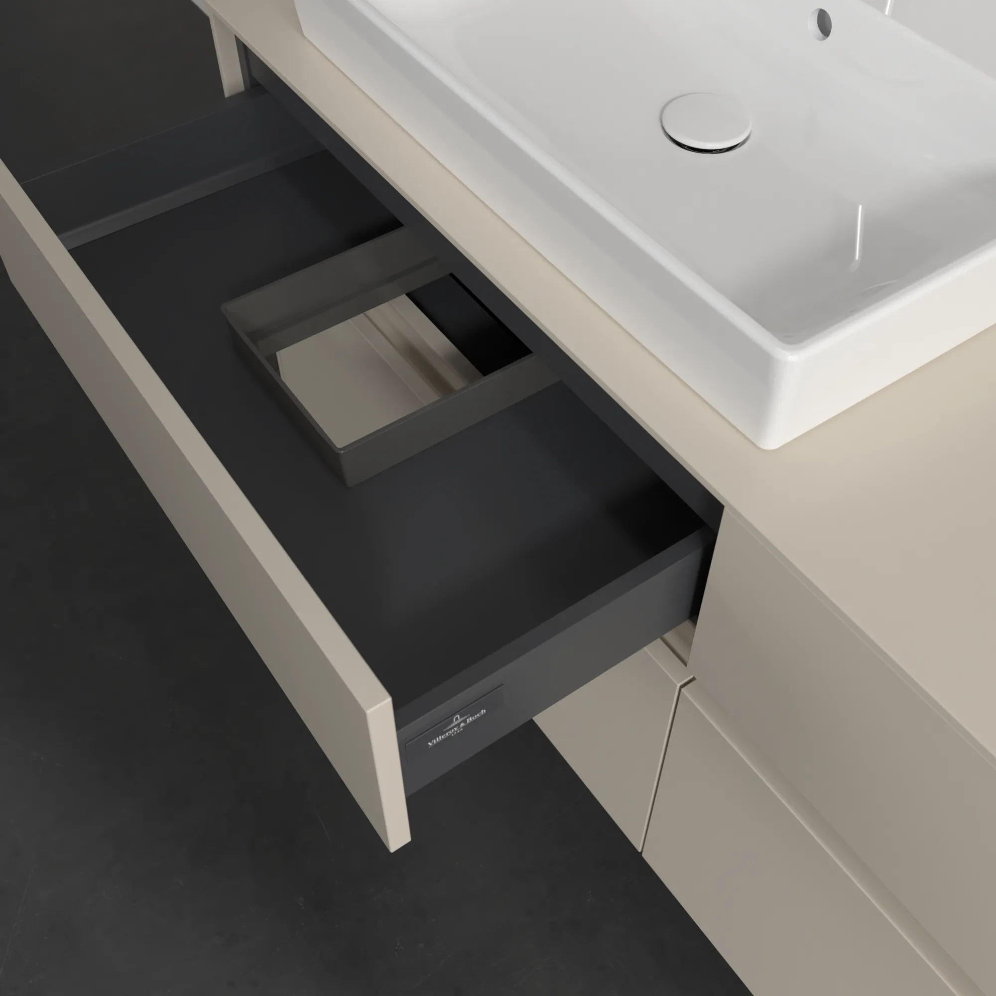 Villeroy & Boch Waschtischunterschrank „Collaro“ 1400 × 548 × 500 mm Cashmere Grey, mit Beleuchtung, für Becken links