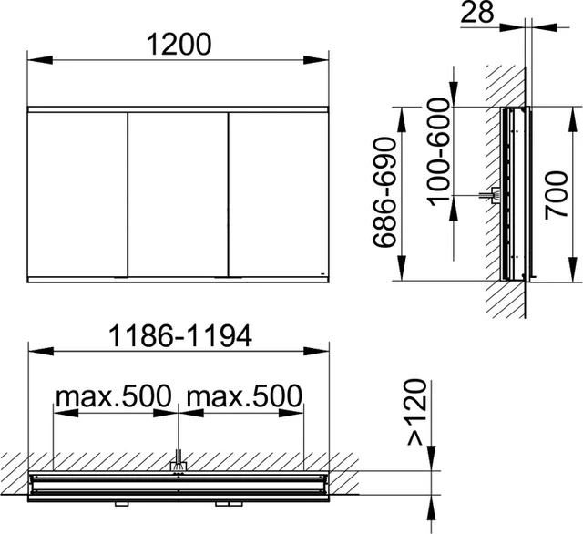 KEUCO Royal Modular 2.0 Spiegelschrank unbeleuchtet Wandeinbau, 1 Steckd./1 USB 1200x700x120mm silber-eloxiert