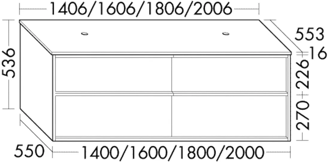 Burgbad Waschtischunterschrank Uomo inkl. Konsolenplatte, 1606 mm breit, 536 mm hoch, 2 Schubladen oben, 2 Auszüge unten