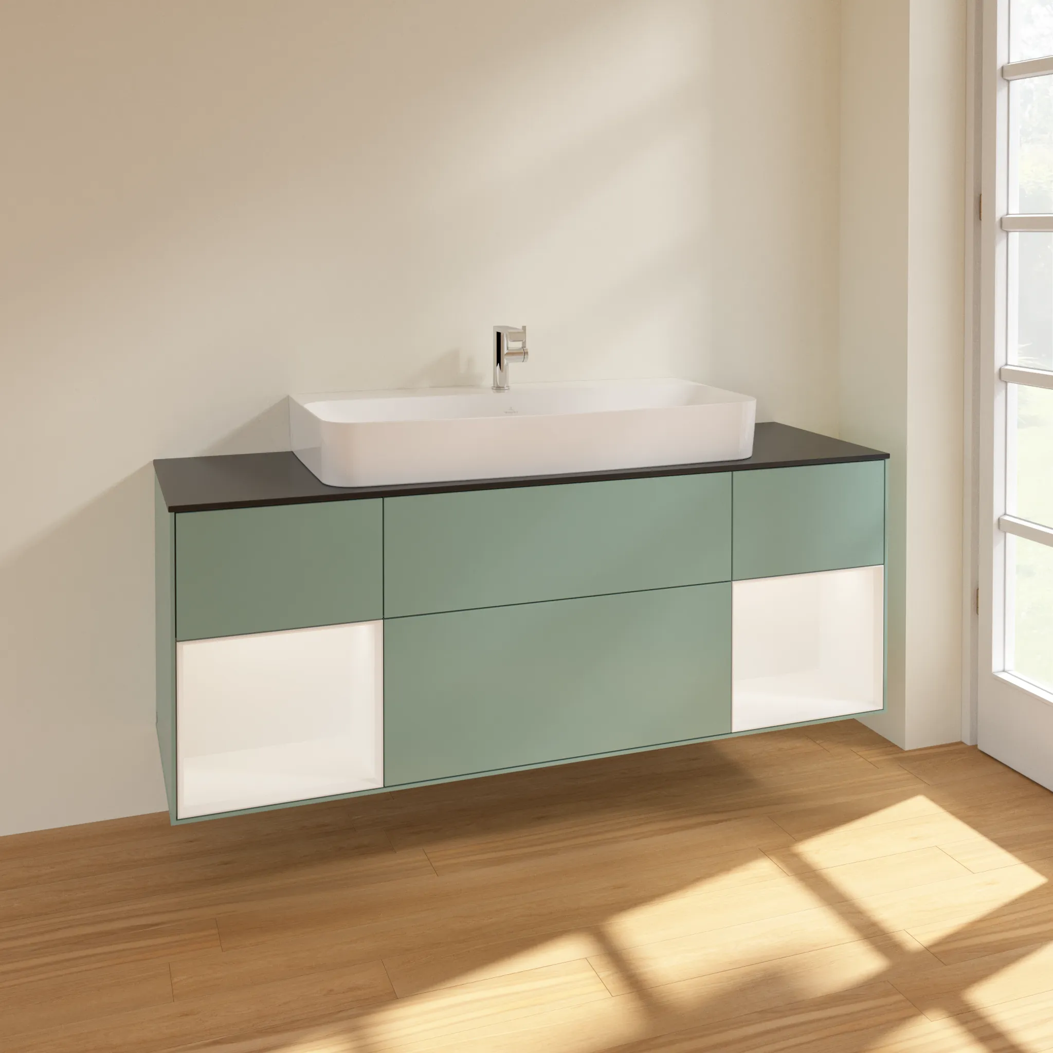 Villeroy & Boch Waschtischunterschrank „Finion“ für Schrankwaschtisch 1600 × 603 × 501 mm Olive Matt Lacquer, für Becken mittig Villeroy & Boch Waschtischunterschrank „Finion“ für Schrankwaschtisch 1600 × 603 × 501 mm Olive Matt Lacquer, für Becken mittig