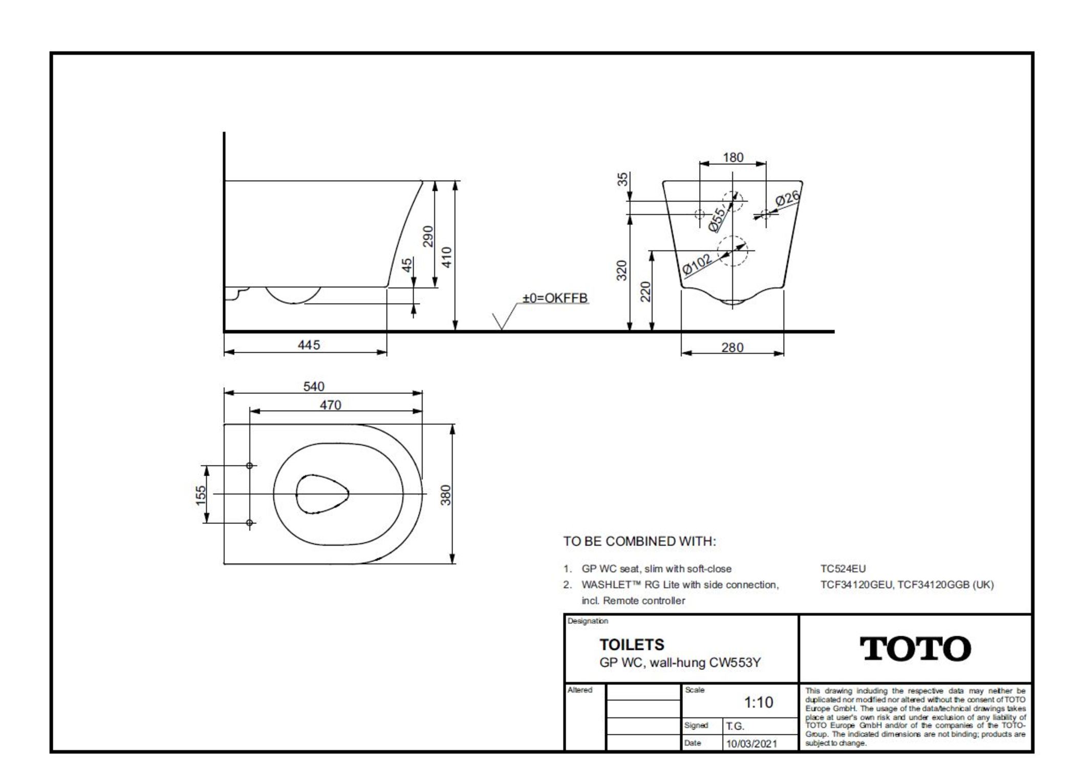 Toto Wand-Tiefspül-WC randlos „GP“ 380 × 335 × 540 mm in weiß Toto Wand-Tiefspül-WC randlos „GP“ 380 × 335 × 540 mm in weiß