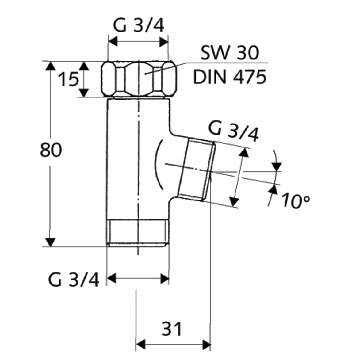 T-Stück, Überwurfmutter DN 20 G 3/4 IG, 2x DN 20 G 3/4 AG, chrom