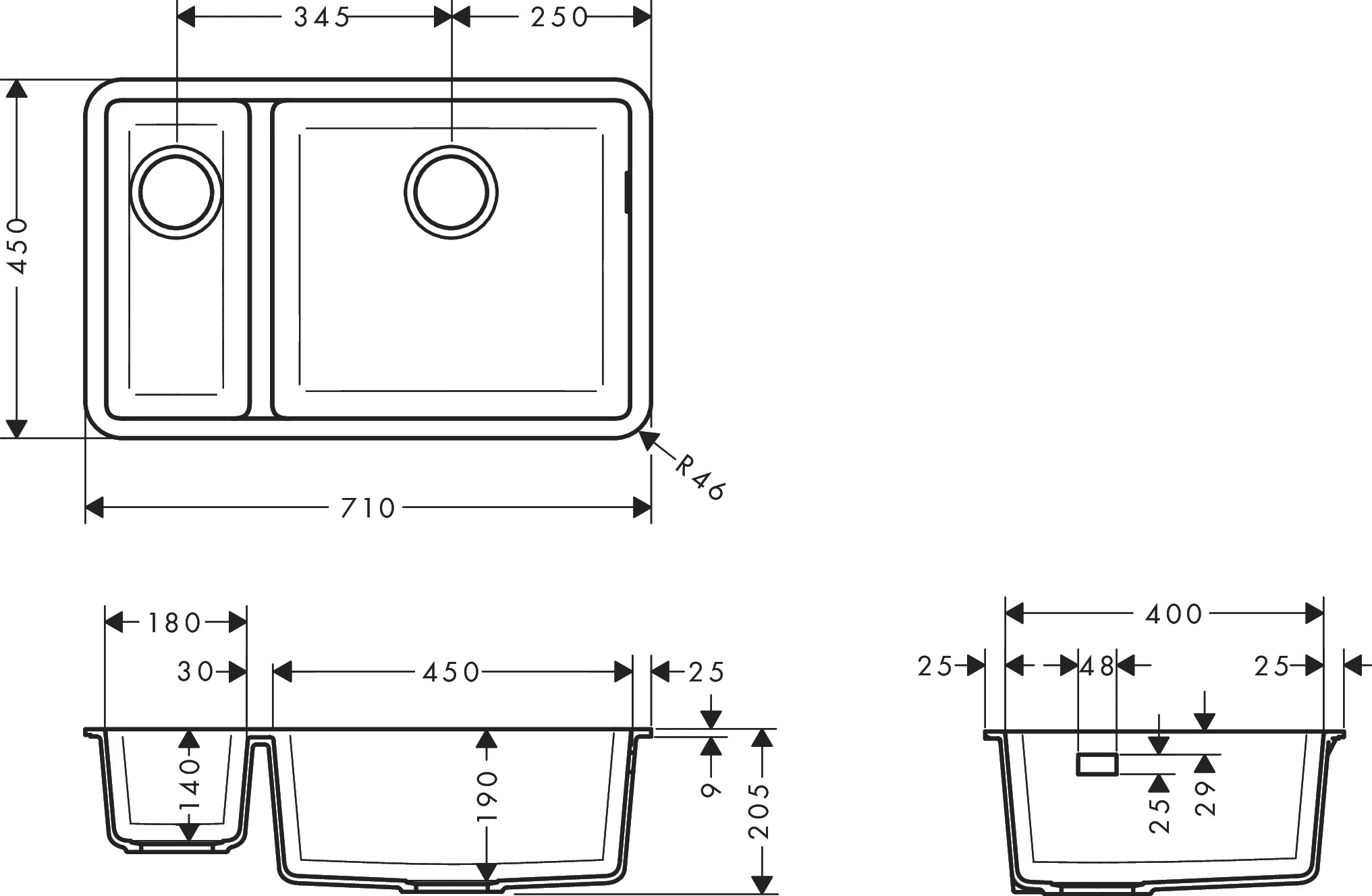 Hansgrohe Unterbauspüle S51 Steingrau, 80 cm, 180x450 mm, SilicaTec, mit Haupt- und Zusatzbecken