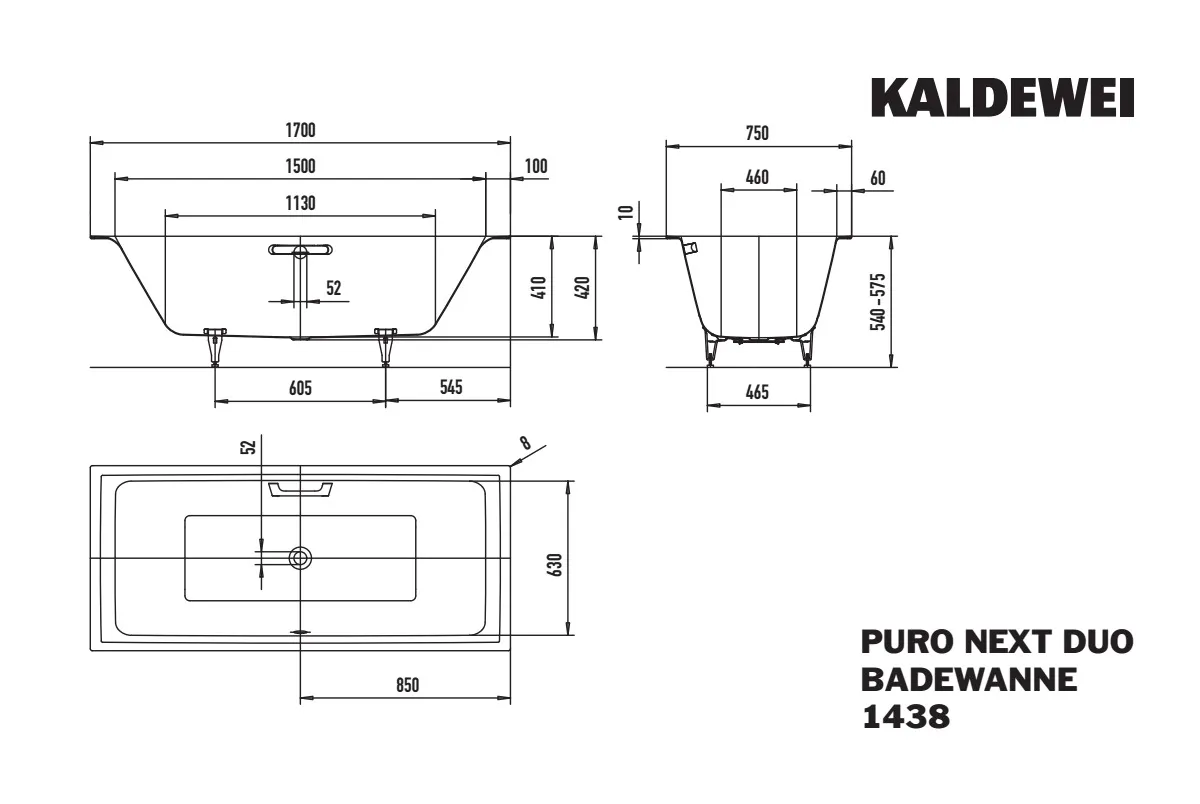 Kaldewei Badewanne „PURONEXTDUO“ rechteck 1700 × 750 mm in schwarz