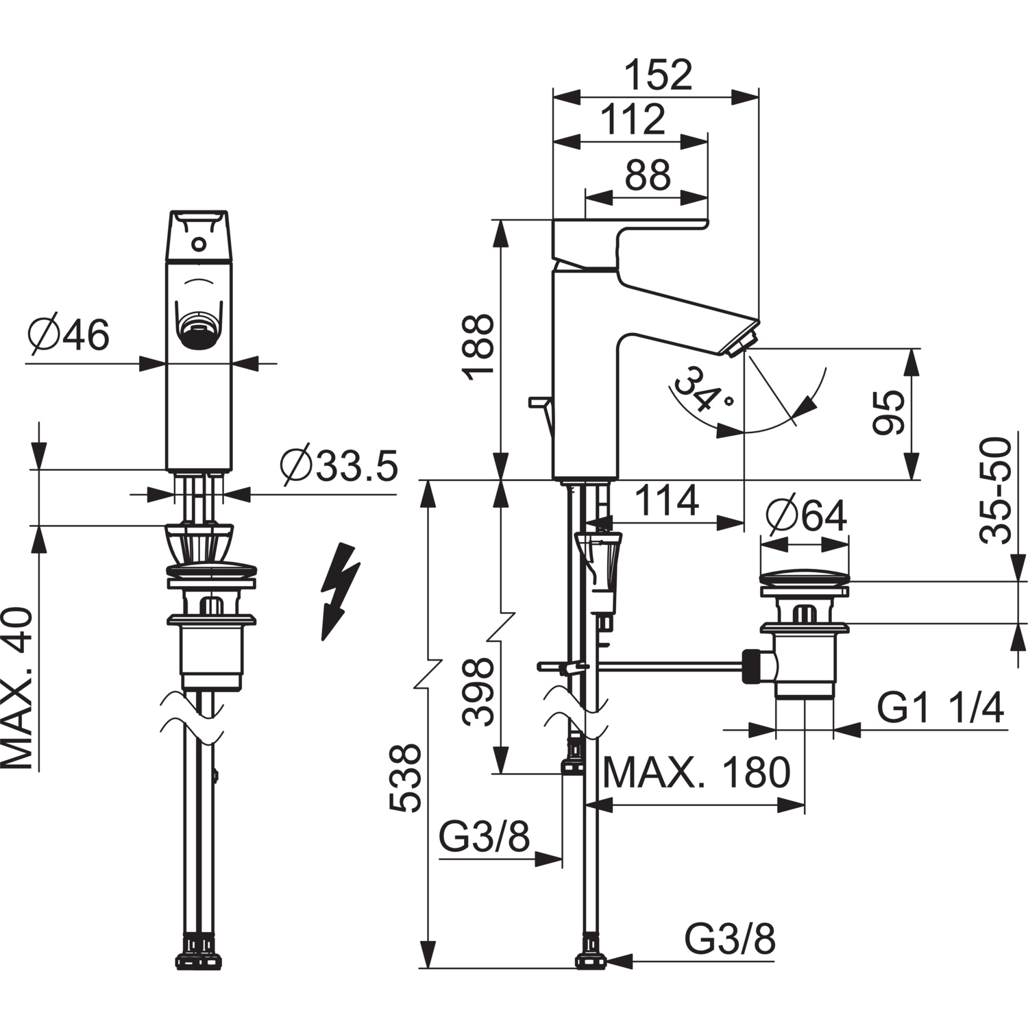 EHM Waschtischbatterie, Niederdruck VANTIS XL 5246 Ablaufgarnitur mit Zugstange Ausladung 114 mm Chrom