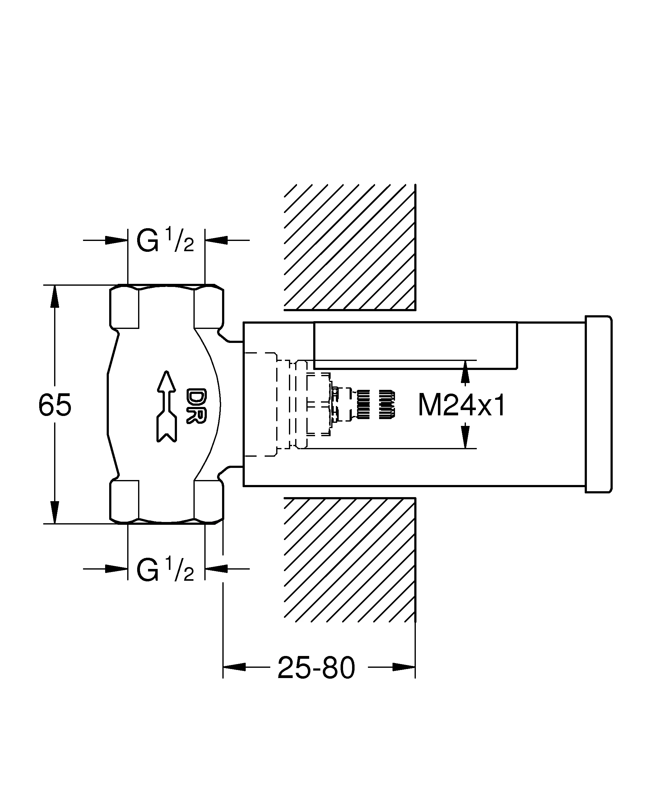 Unterputz-Ventil Unterteil 29800_2, DN 15, vormontiertes Oberteil 1/2″, kurze Spindel, Gewindeanschluss 1/2″, mit Dichtmanschette, für normgerechte Wanddurchführung bei Wassereinwirkung nach DIN 18534:2017