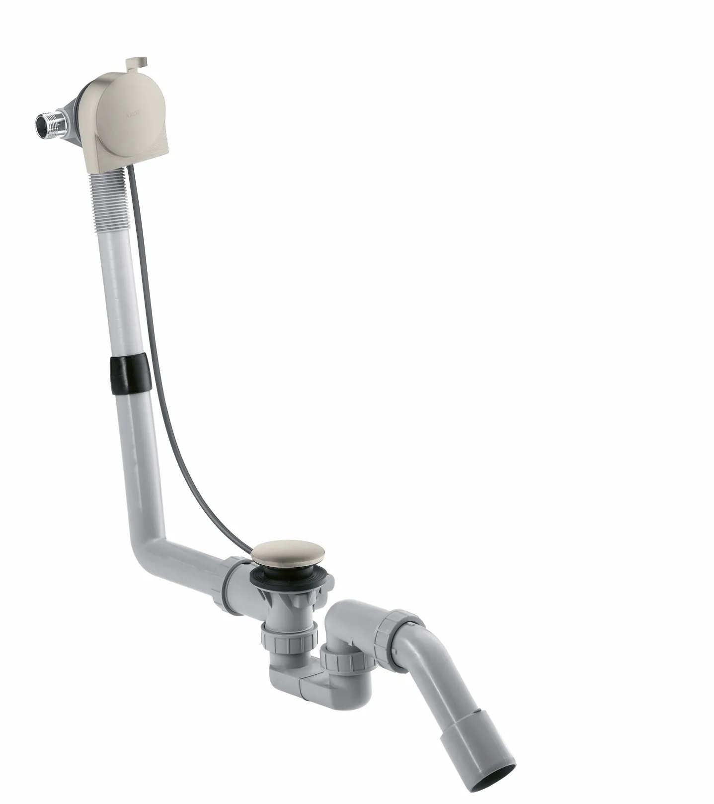 Hansgrohe AXOR 58307XXX Exafill S Komplettset Normalwannen BSO Edelstahl Optic Wanneneinlauf, Ablauf- und Überlaufgarnitur mit Faltenbalg für schräge Wannenränder, DN20 Zulaufschlauch links, Stauwasserhöhe 50 mm, Bowdenzuglänge 520 mm