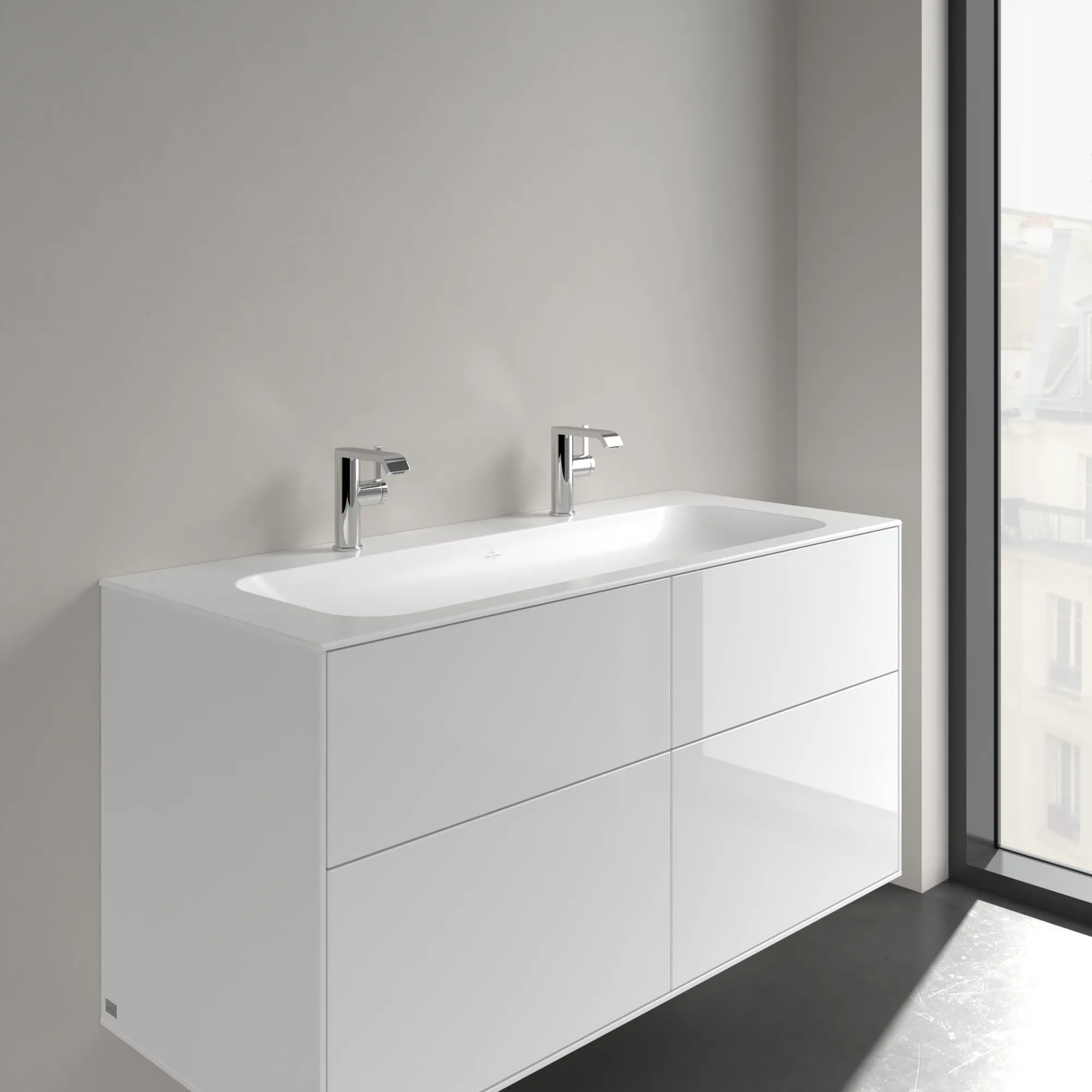 Villeroy & Boch Schrankwaschtisch aus TitanCeram „Finion“ 1200 × 500 × 160 mm, Hahnlochposition links und rechts, mit Hahnlochbohrung in Stone White, mit CeramicPlus Villeroy & Boch Schrankwaschtisch aus TitanCeram „Finion“ 1200 × 500 × 160 mm, Hahnlochposition links und rechts, mit Hahnlochbohrung in Stone White, mit CeramicPlus