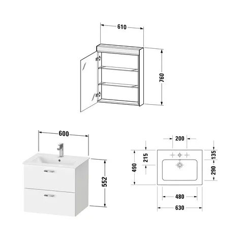 Duravit Waschtischunterschrank Möbelwaschtisch mit Waschtischunterbau und Spiegelschrank „XBase“ 63 × 200 × 49 cm in Weiß Glänzend